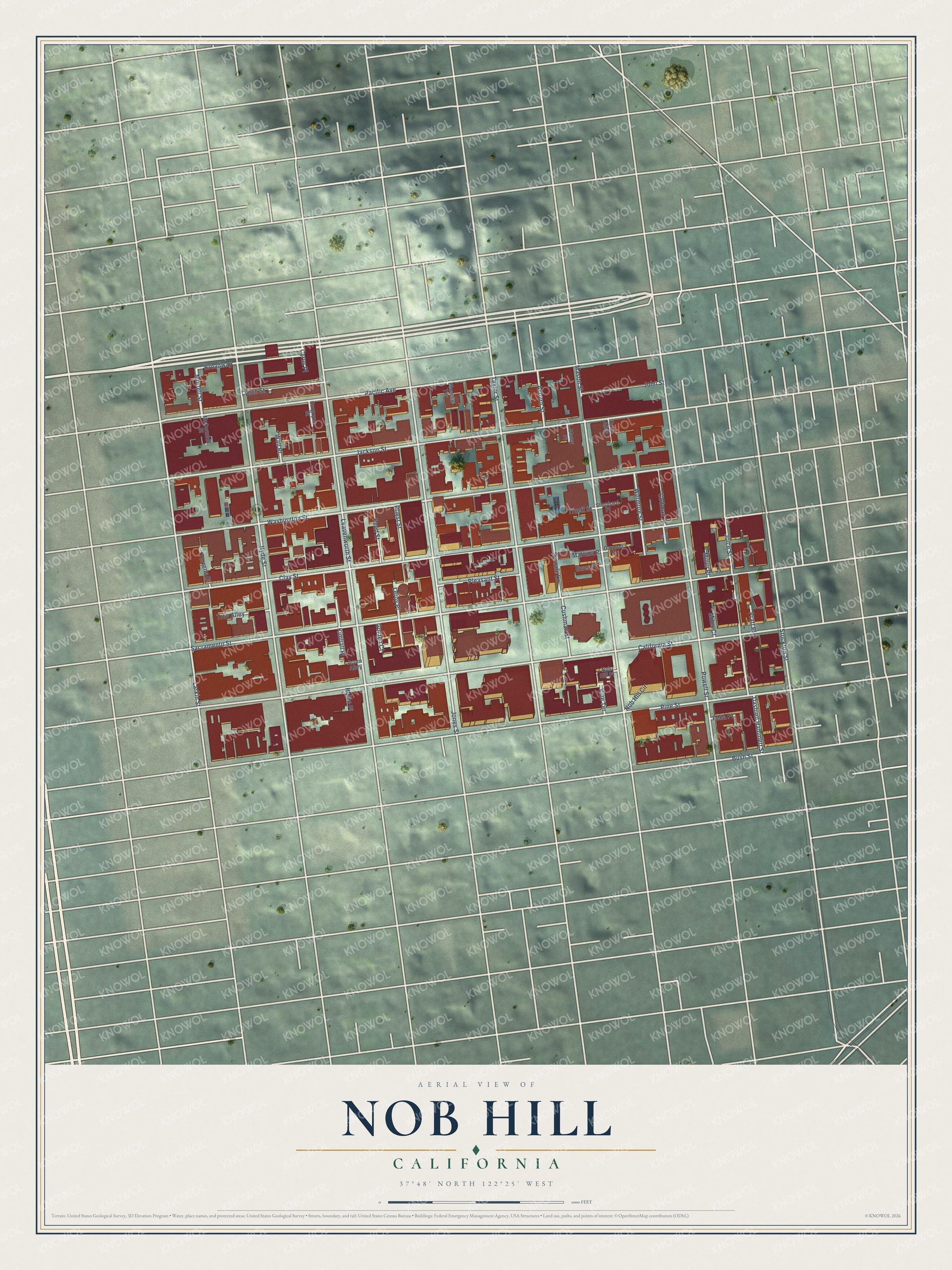 Full map of Nob Hill, California, with red buildings, printed street names and the land around them