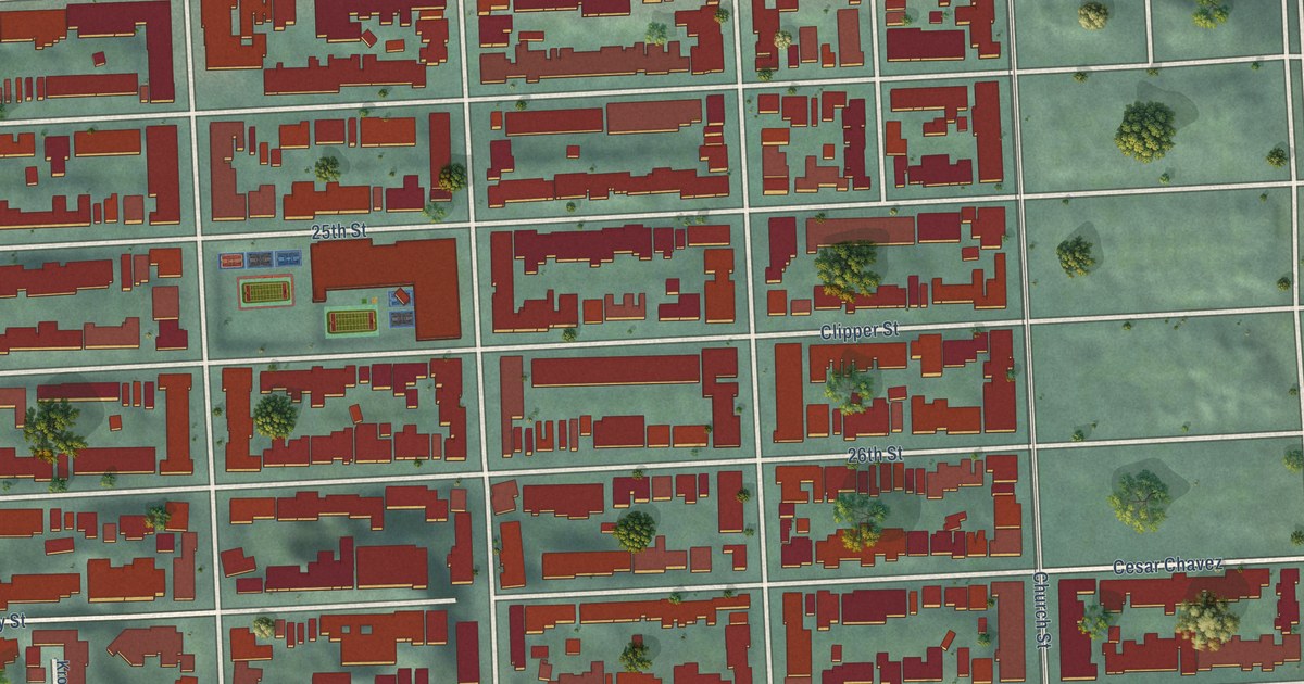 Close-up of streets and buildings in Noe Valley, California