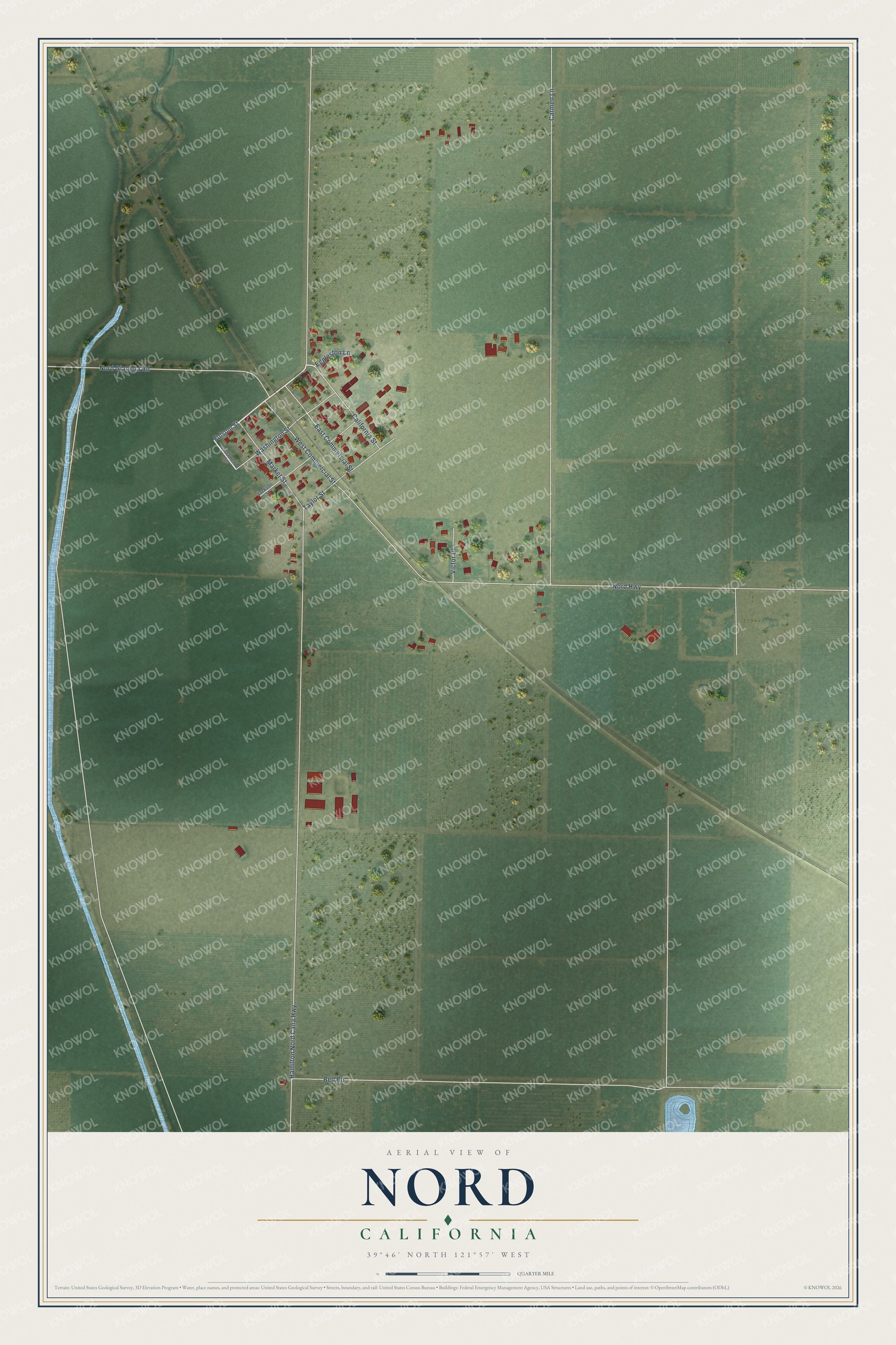 Full map of Nord, California, with red buildings, printed street names and the land around them