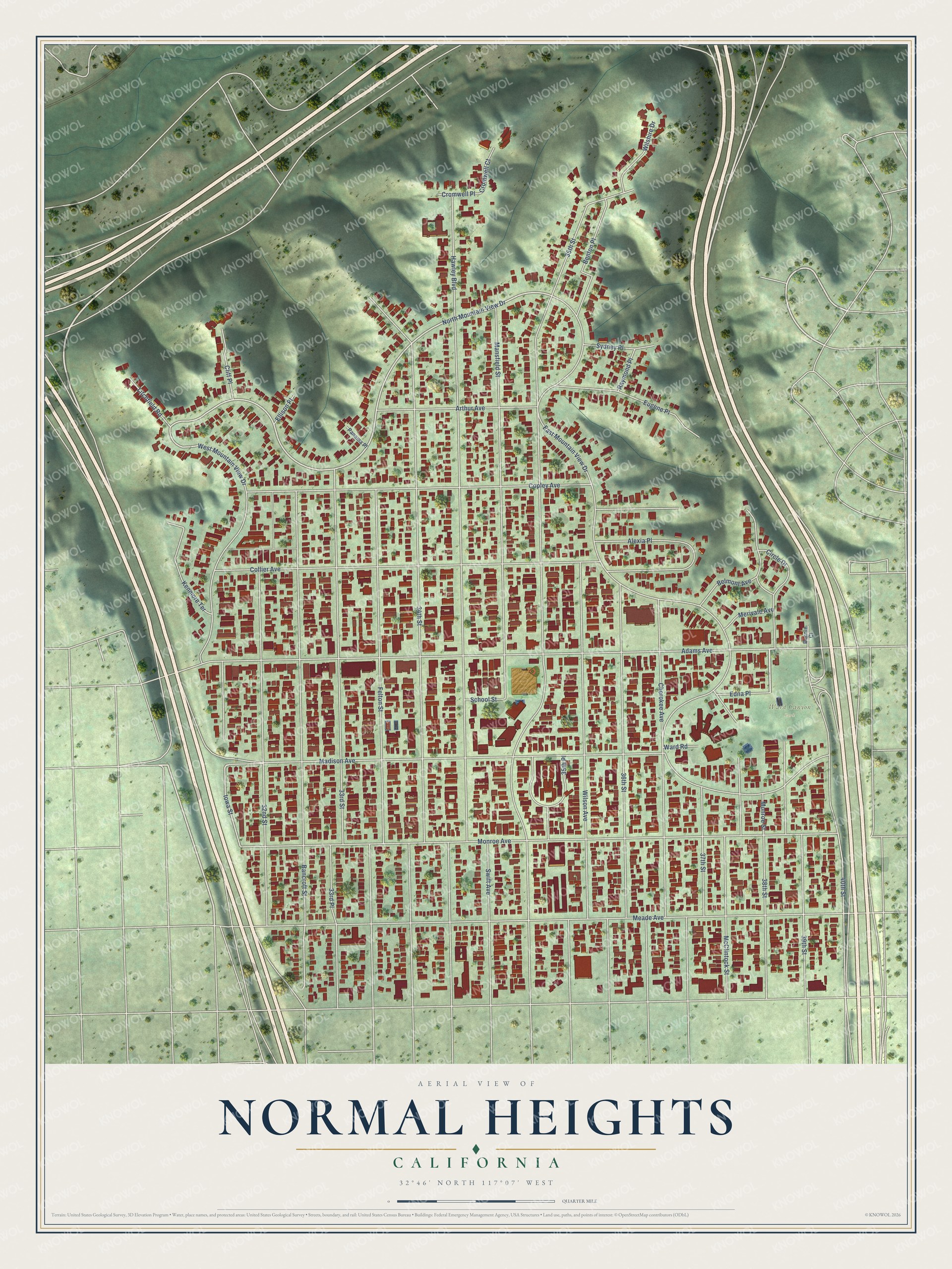 Full map of Normal Heights, California, with red buildings, printed street names and the land around them
