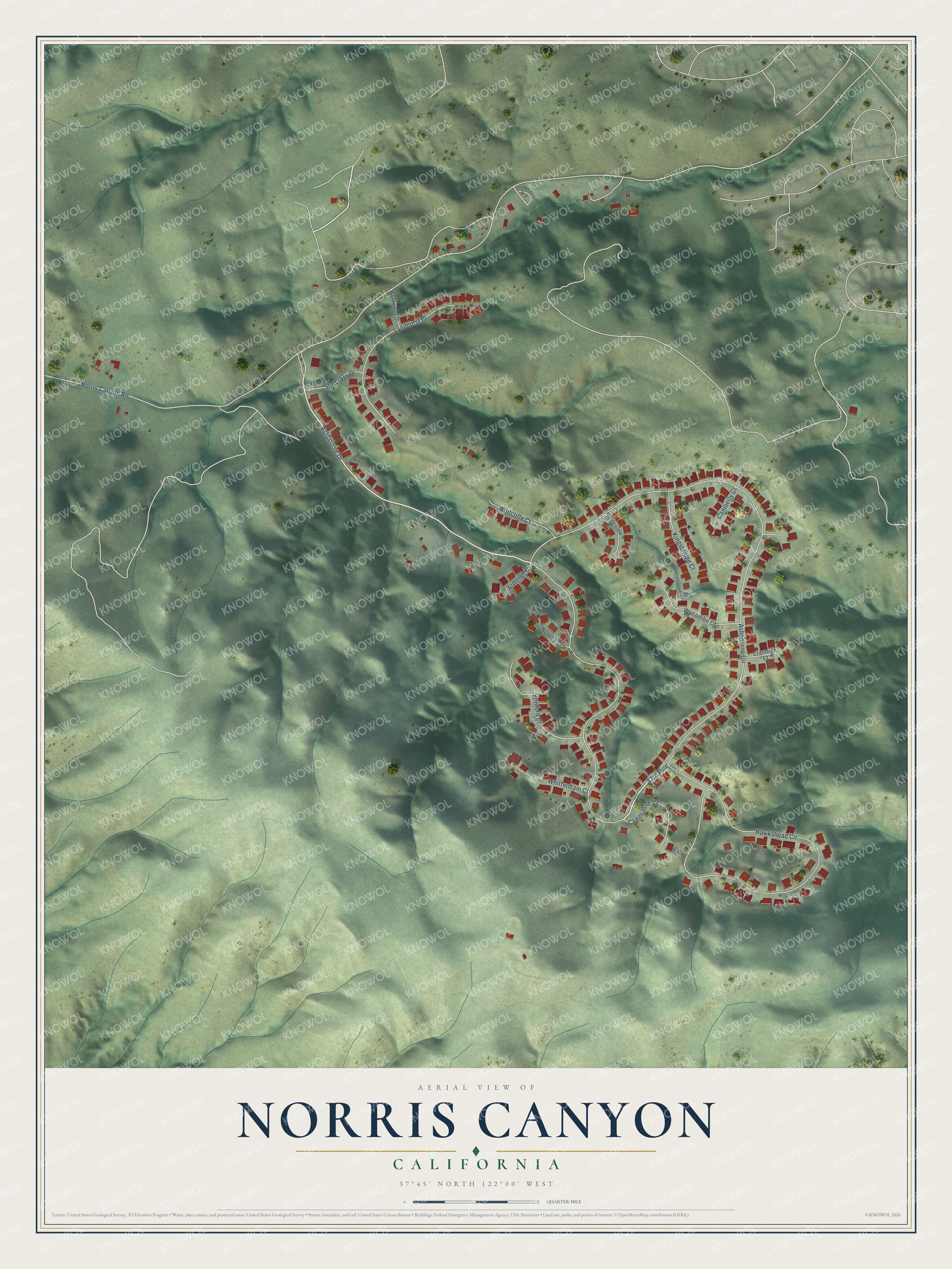 Full map of Norris Canyon, California, with red buildings, printed street names and the land around them