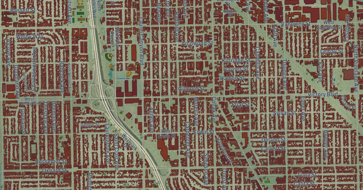 Close-up of streets and buildings in North Hollywood, California