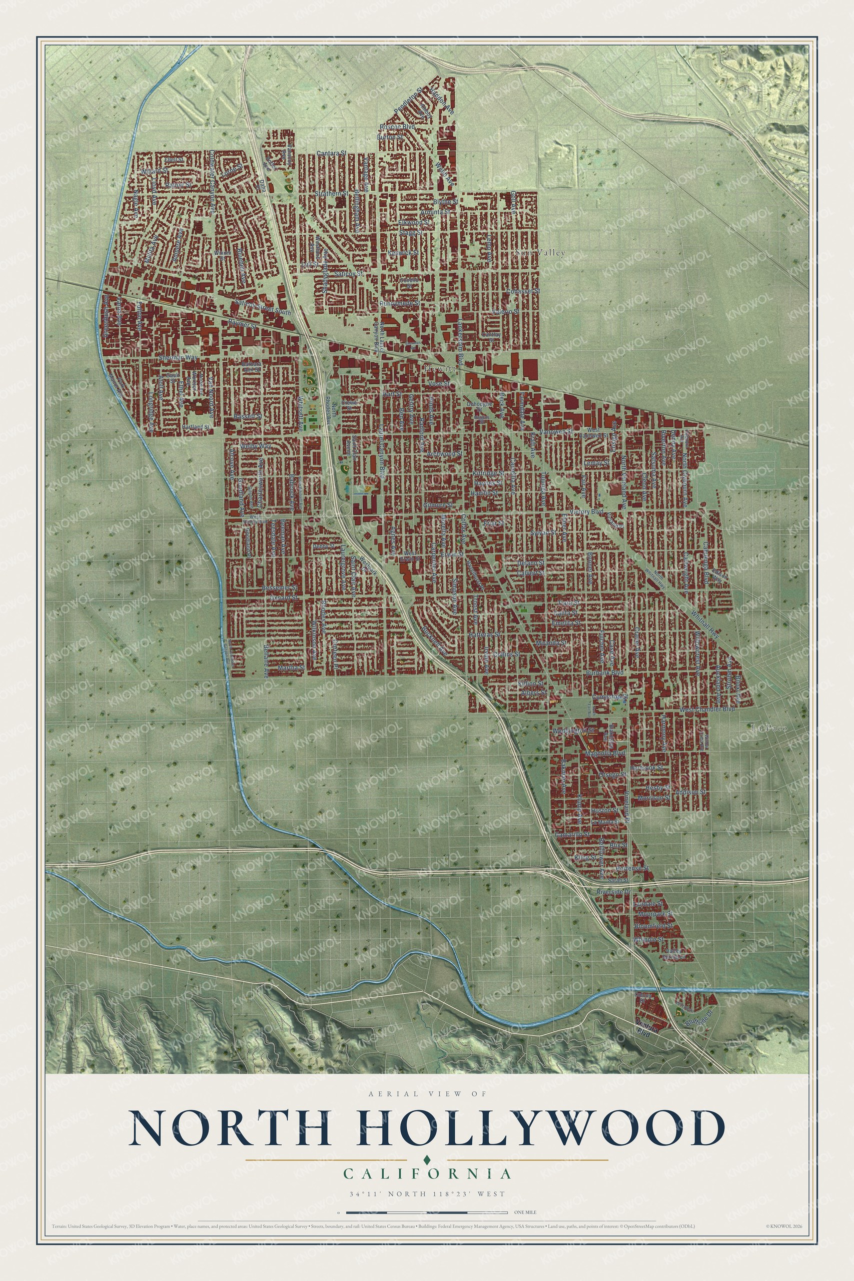 Full map of North Hollywood, California, with red buildings, printed street names and the land around them