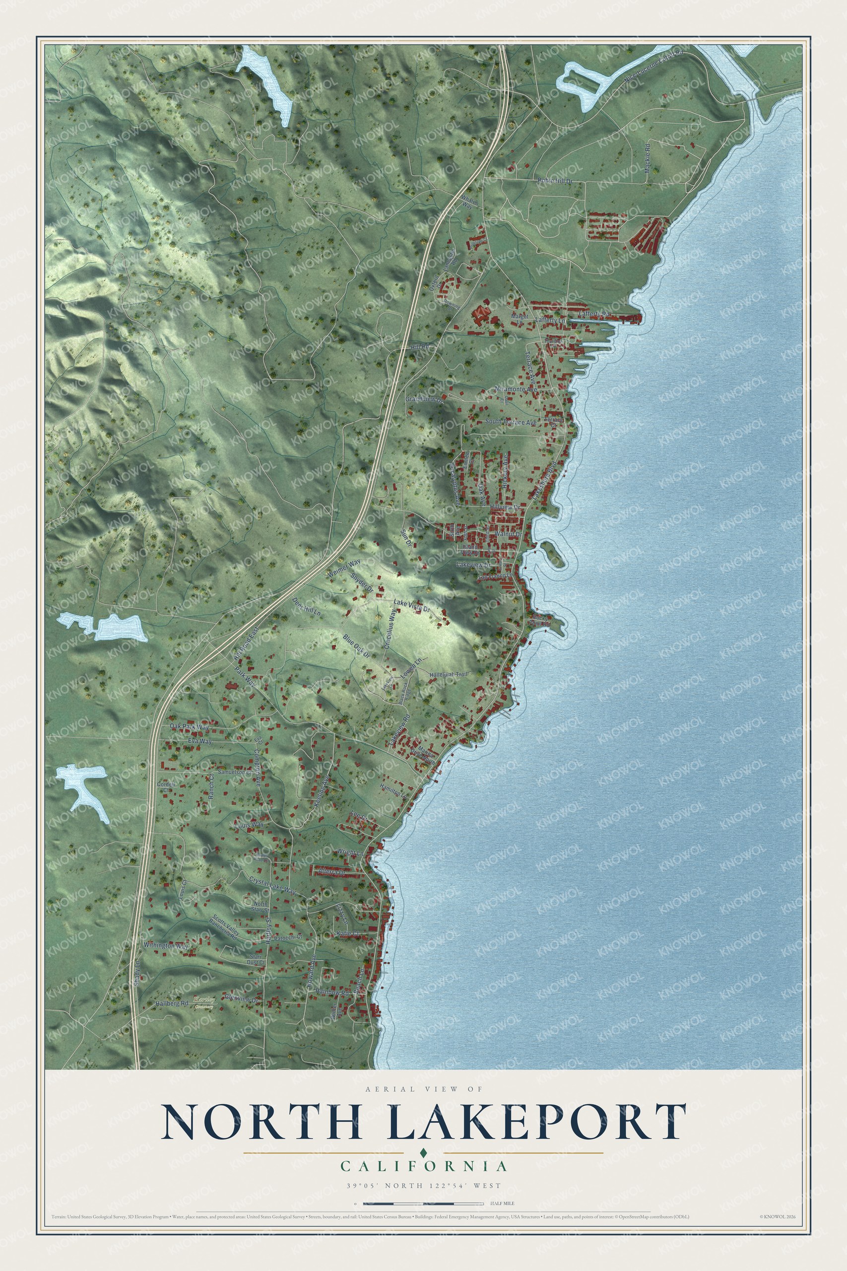 Full map of North Lakeport, California, with red buildings, printed street names and the land around them