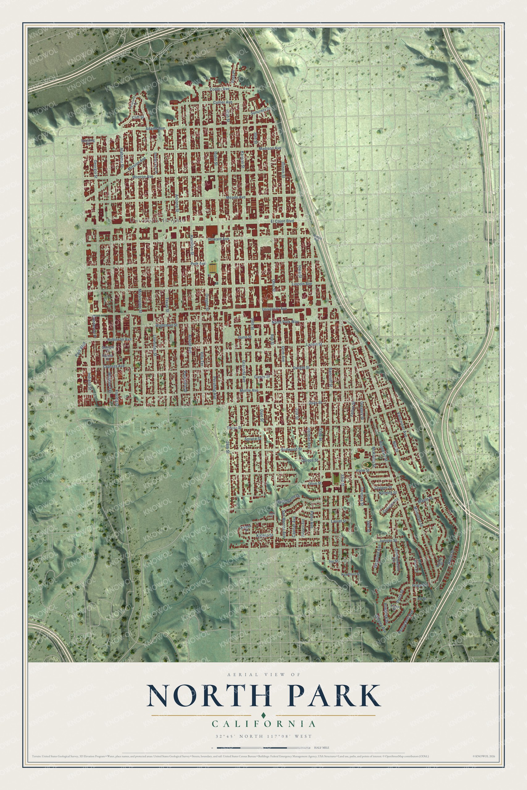 Full map of North Park, California, with red buildings, printed street names and the land around them