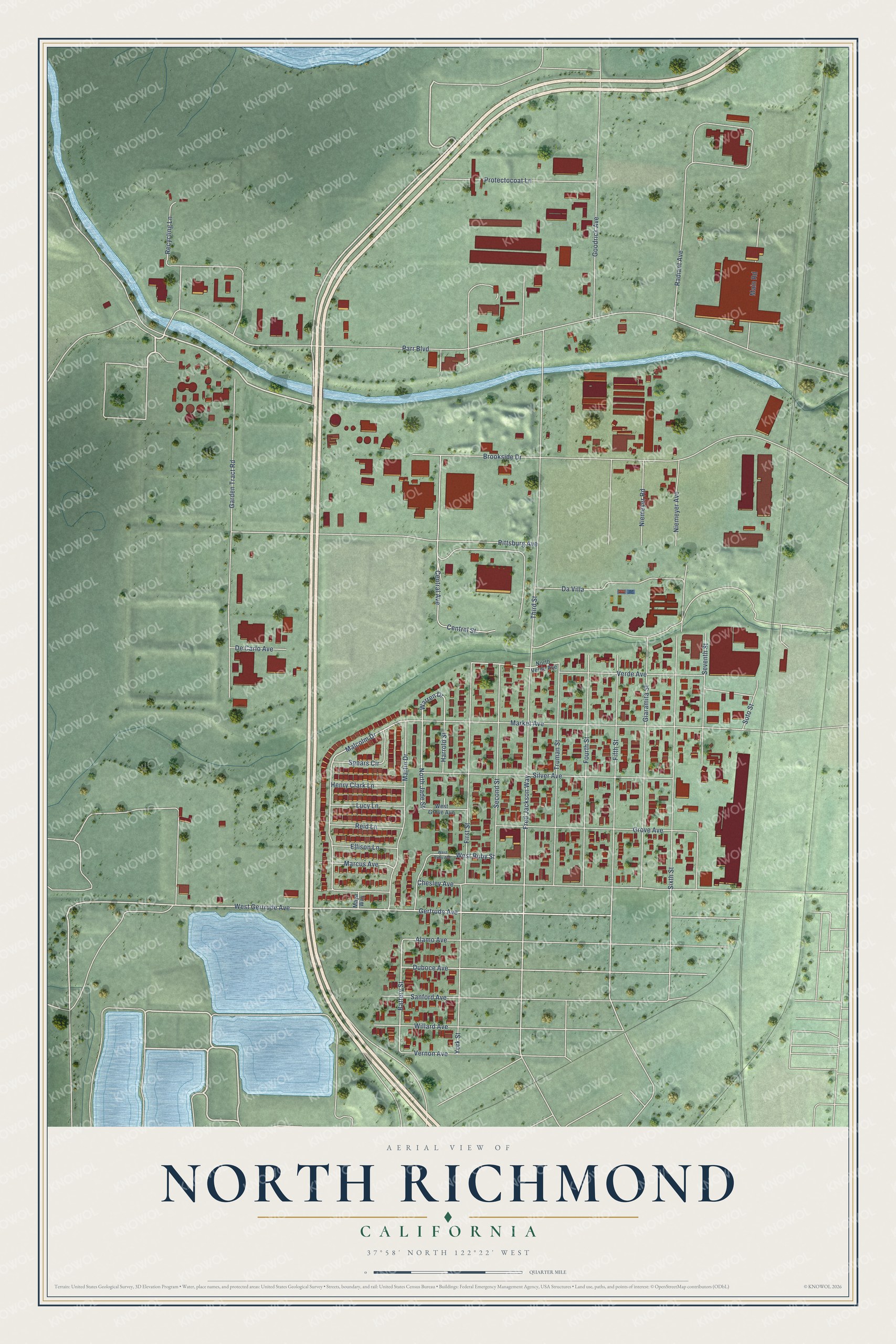Full map of North Richmond, California, with red buildings, printed street names and the land around them