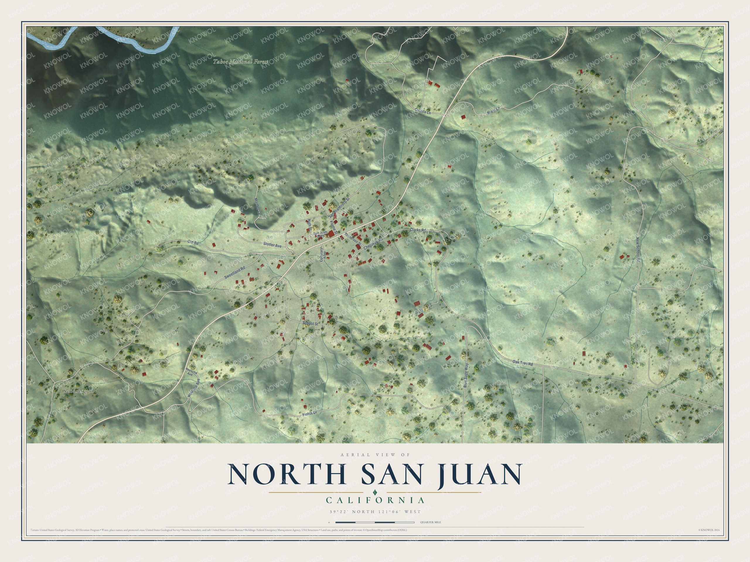Full map of North San Juan, California, with red buildings, printed street names and the land around them