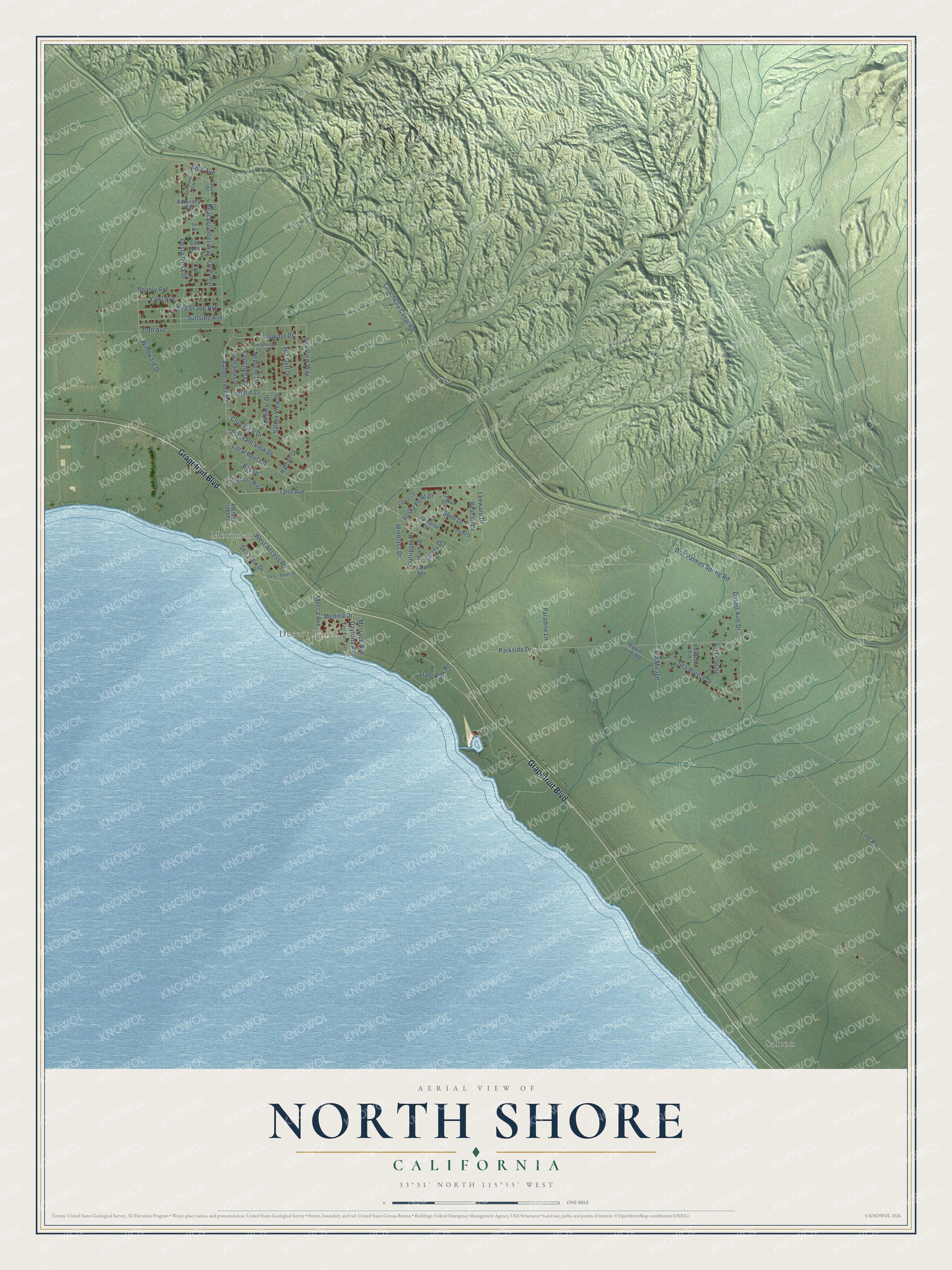 Full map of North Shore, California, with red buildings, printed street names and the land around them