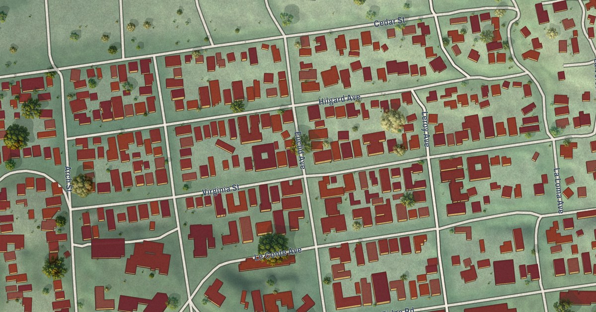 Close-up of streets and buildings in Northside, California