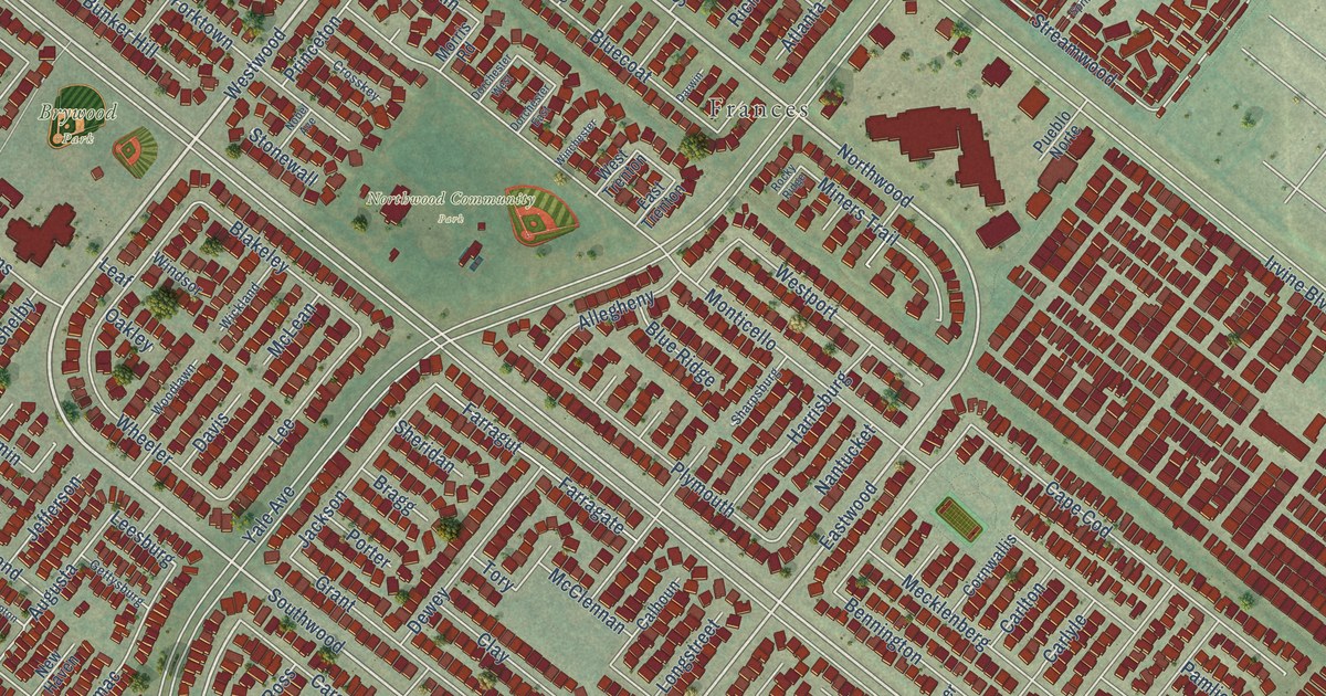 Close-up of streets and buildings in Northwood, California
