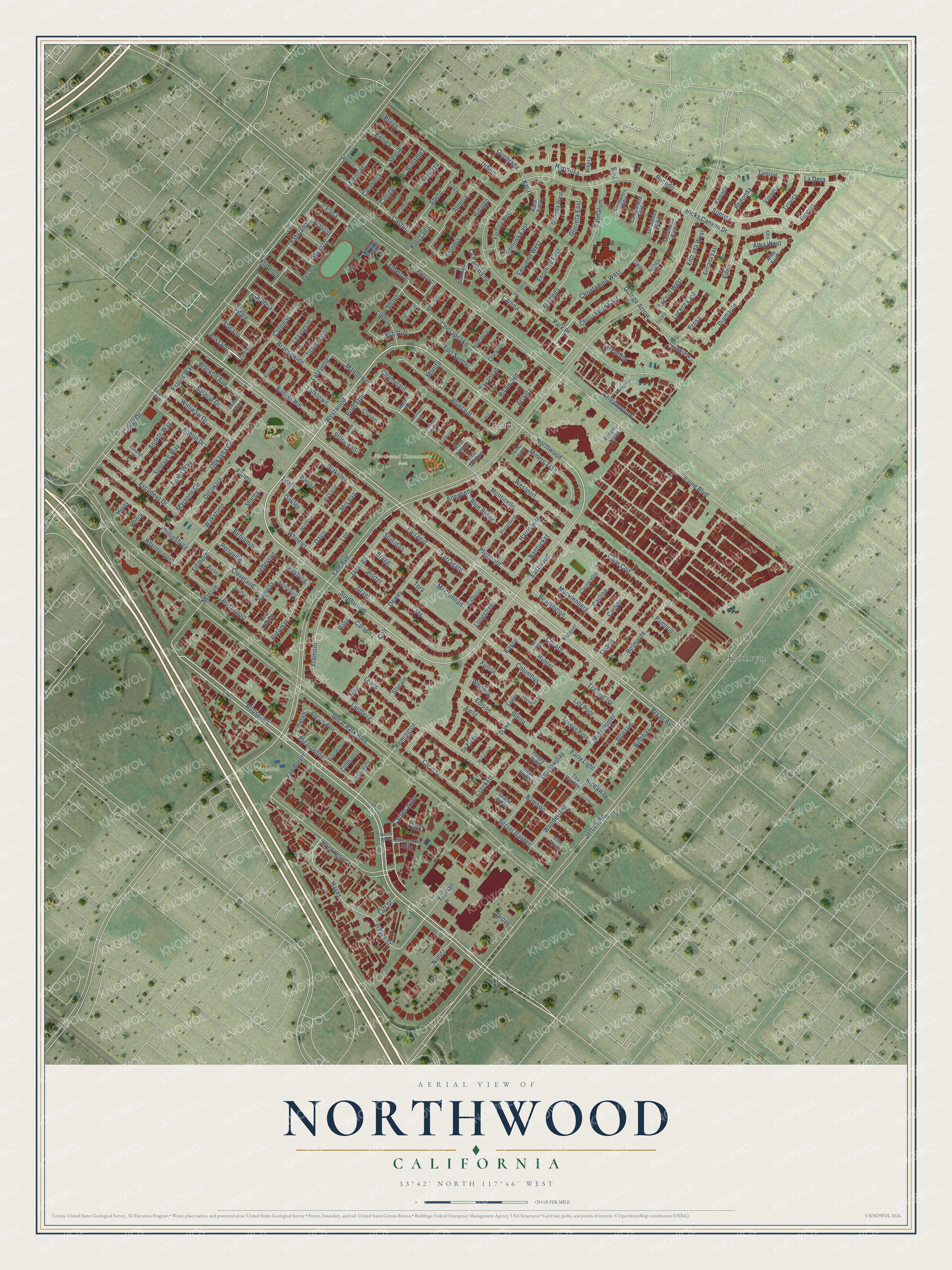 Full map of Northwood, California, with red buildings, printed street names and the land around them