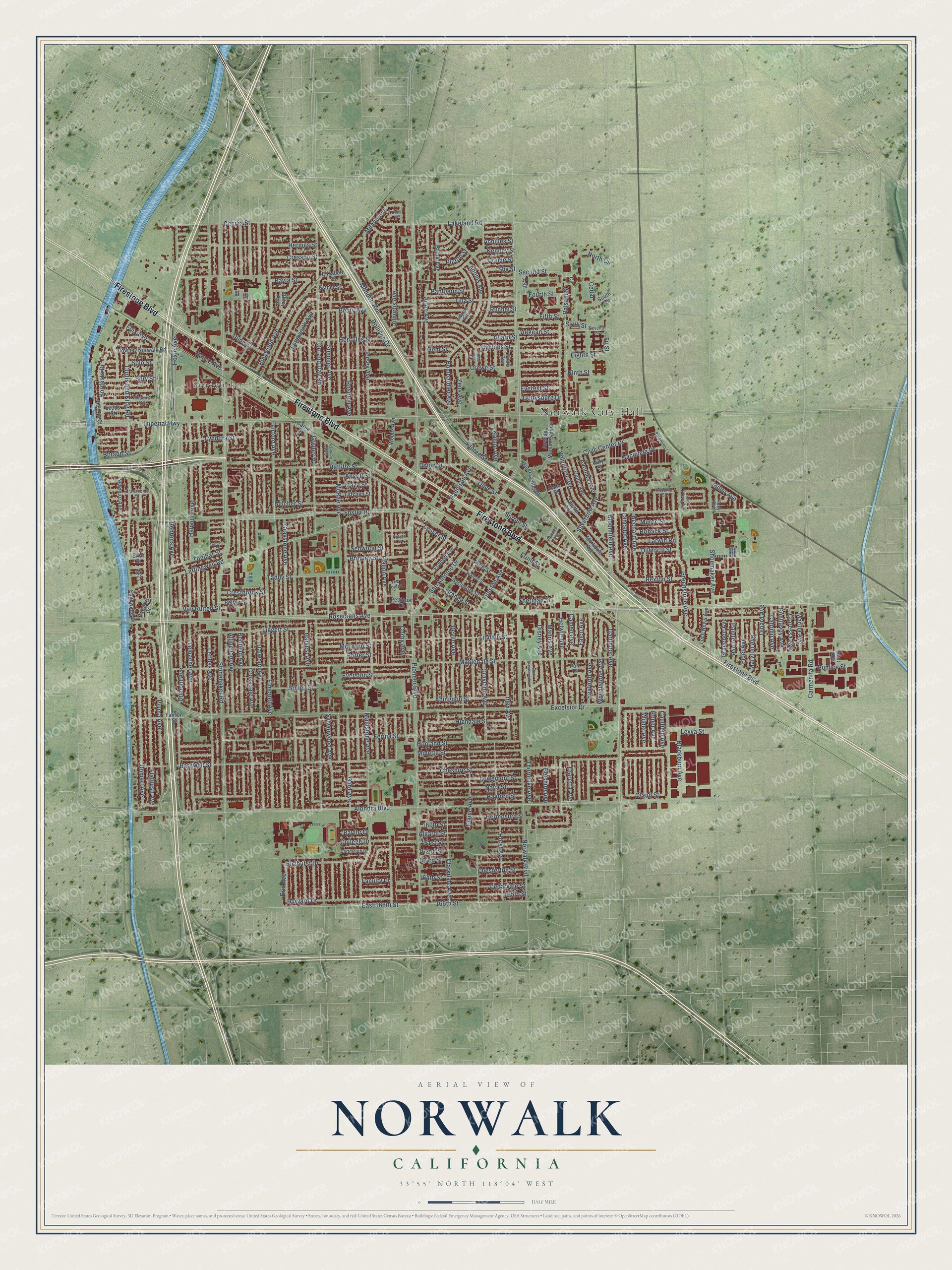 Full map of Norwalk, California, with red buildings, printed street names and the land around them
