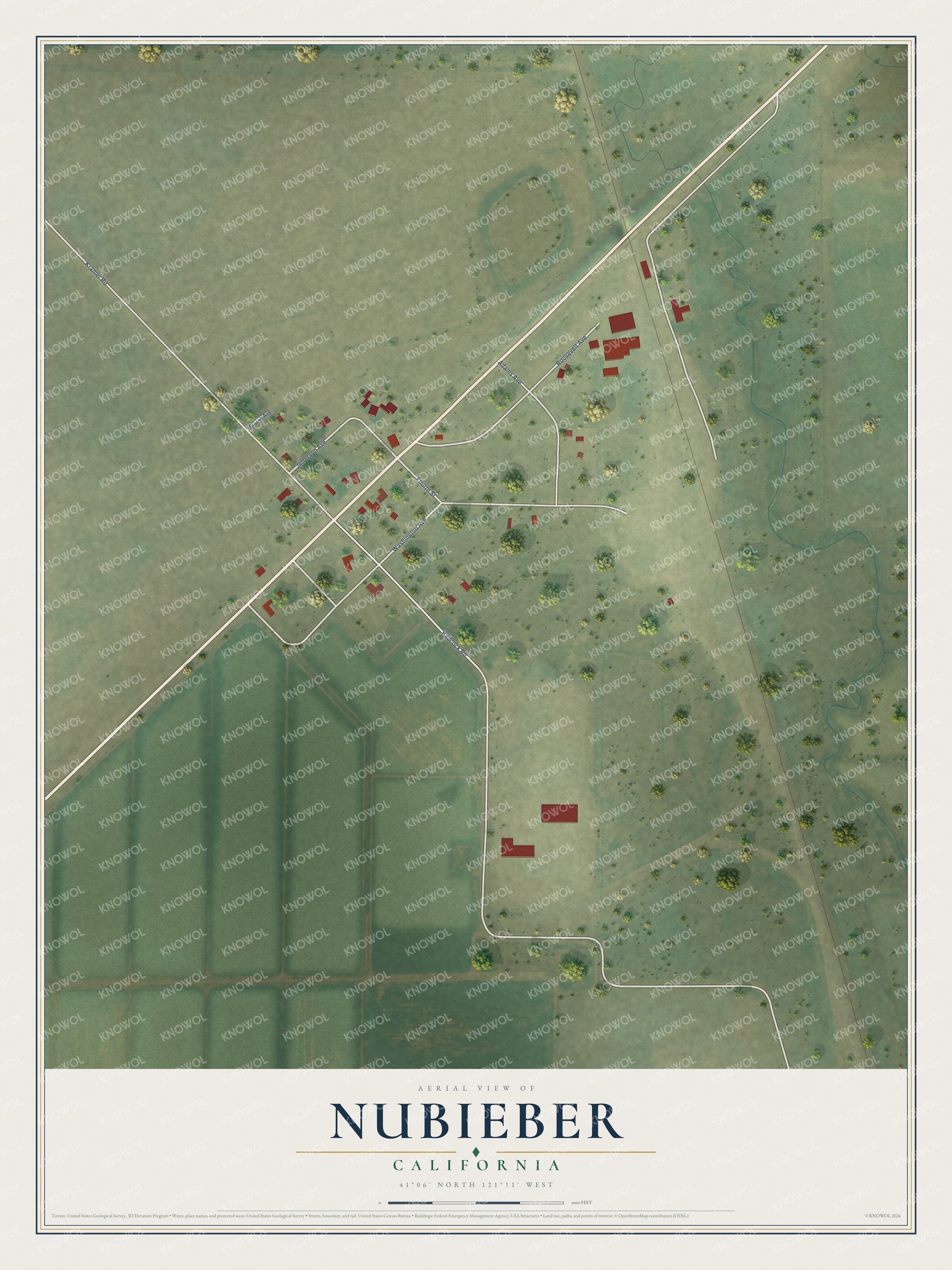 Full map of Nubieber, California, with red buildings, printed street names and the land around them