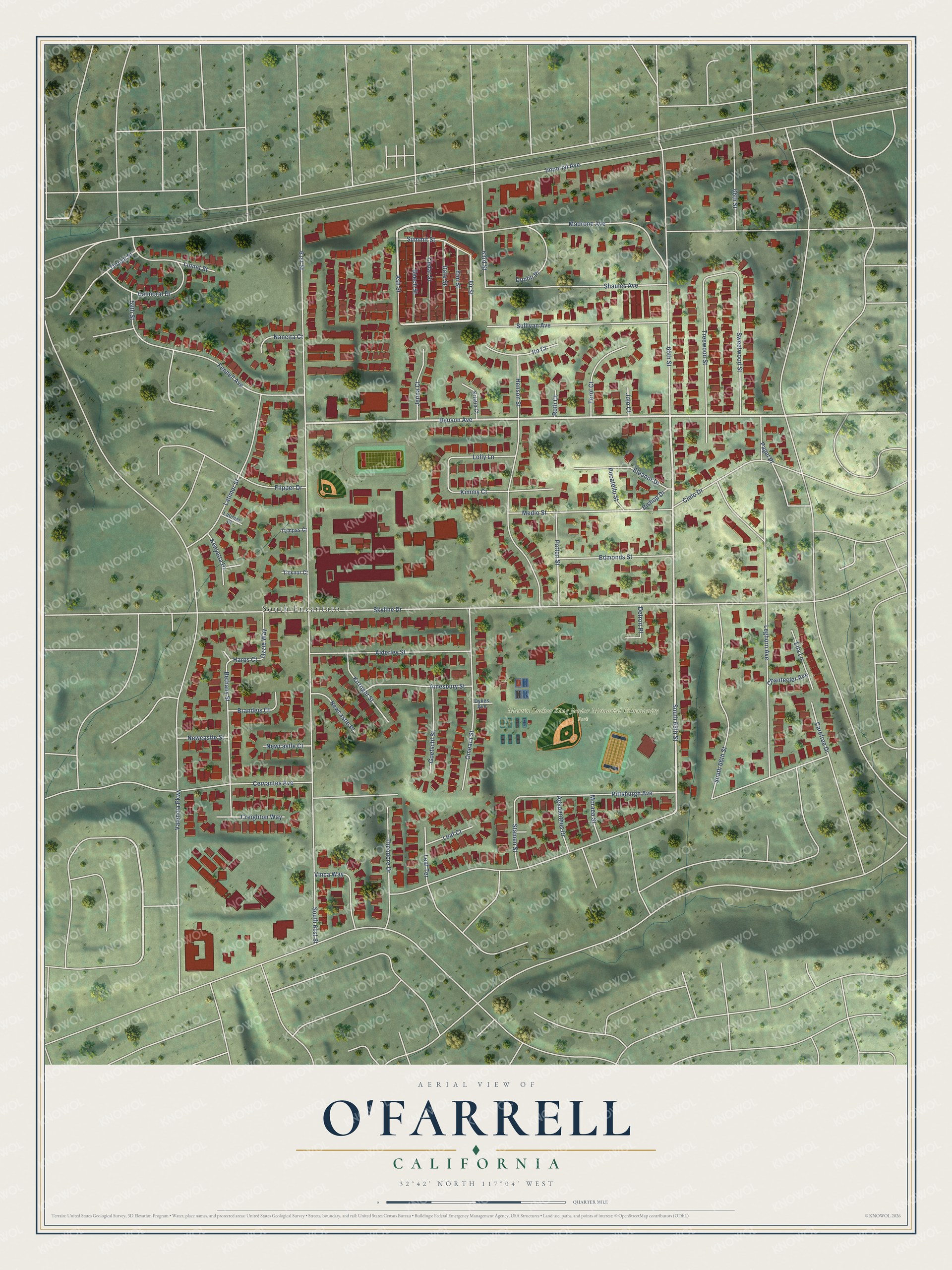 Full map of O'Farrell, California, with red buildings, printed street names and the land around them