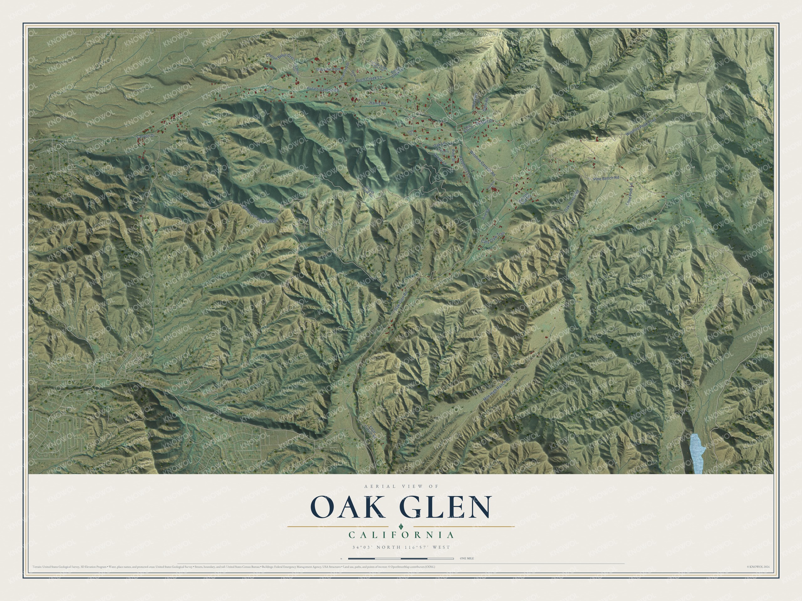 Full map of Oak Glen, California, with red buildings, printed street names and the land around them