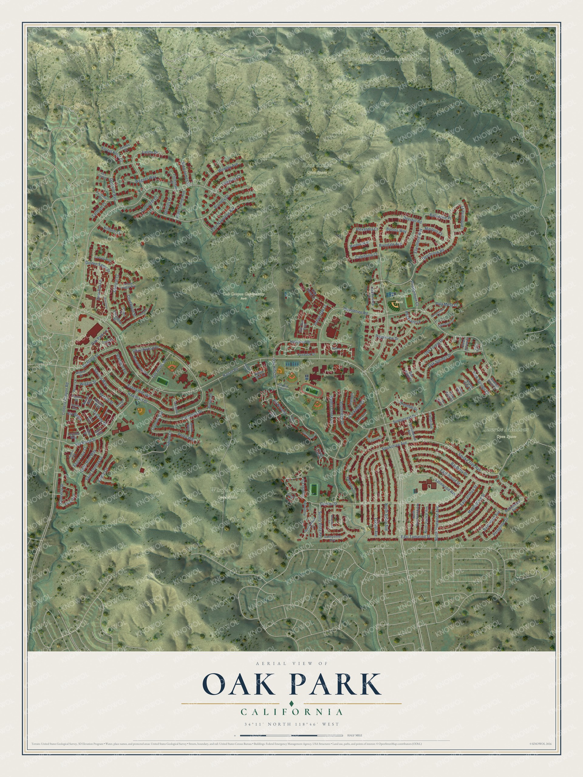Full map of Oak Park, California, with red buildings, printed street names and the land around them