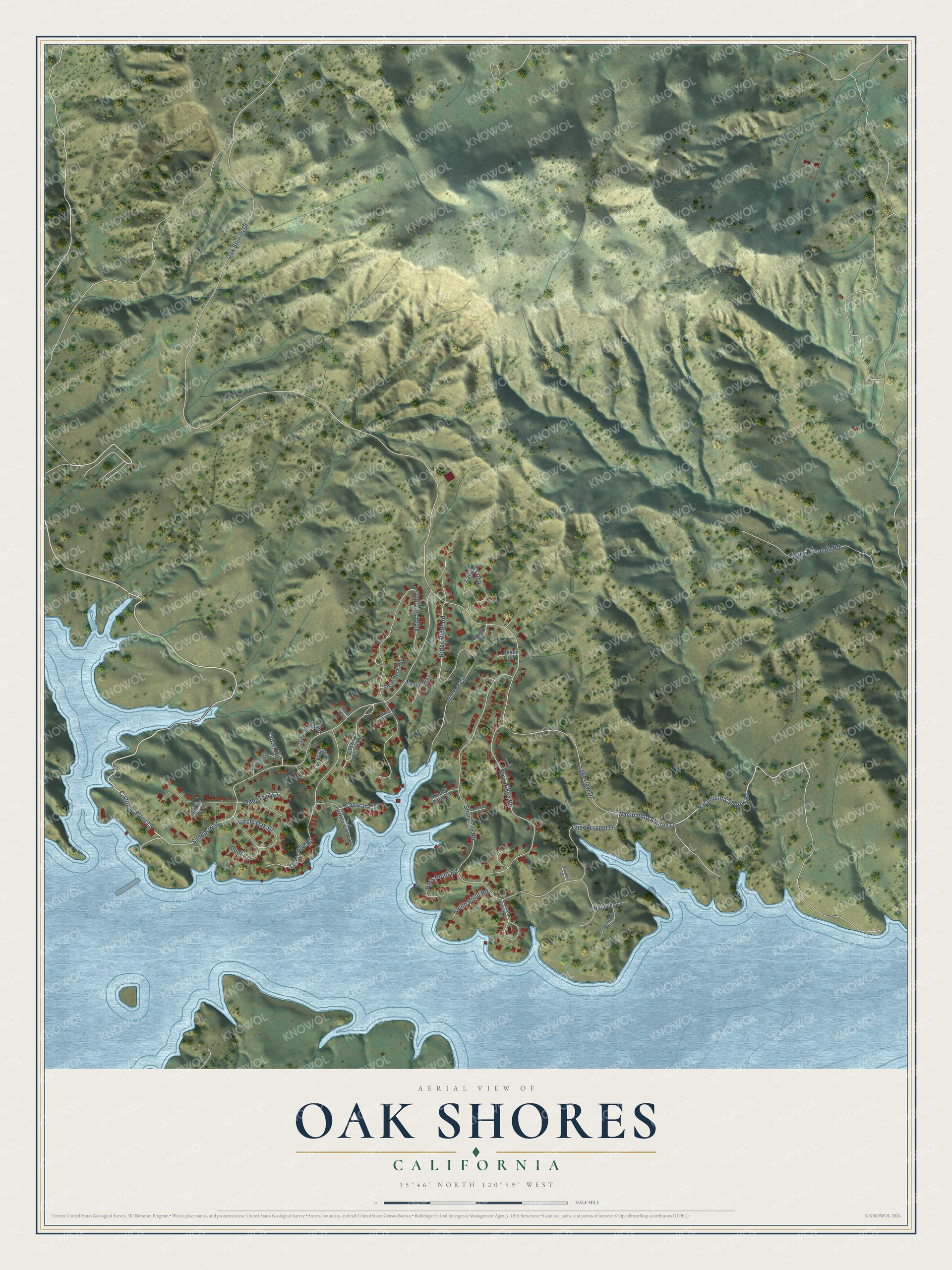 Full map of Oak Shores, California, with red buildings, printed street names and the land around them