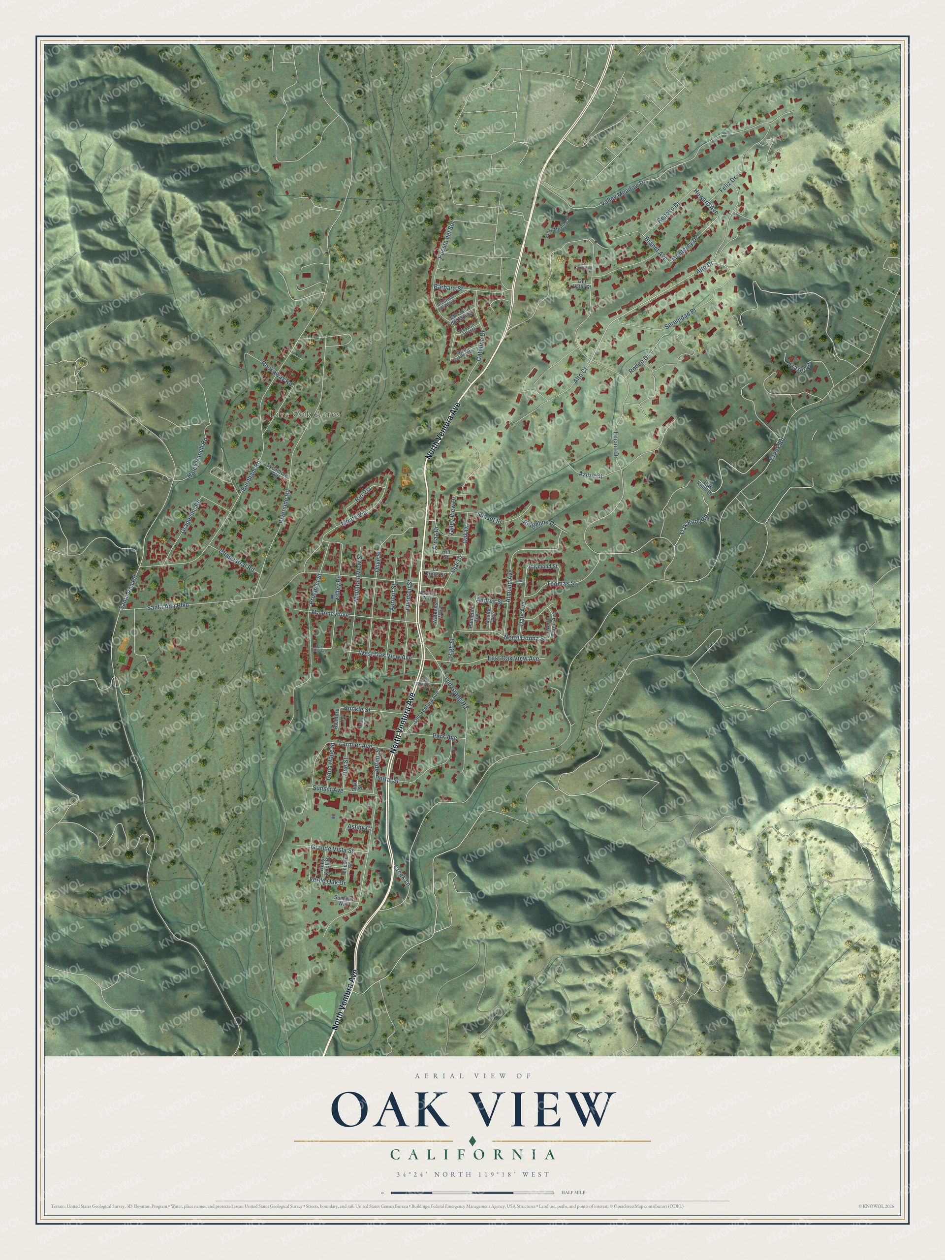 Full map of Oak View, California, with red buildings, printed street names and the land around them