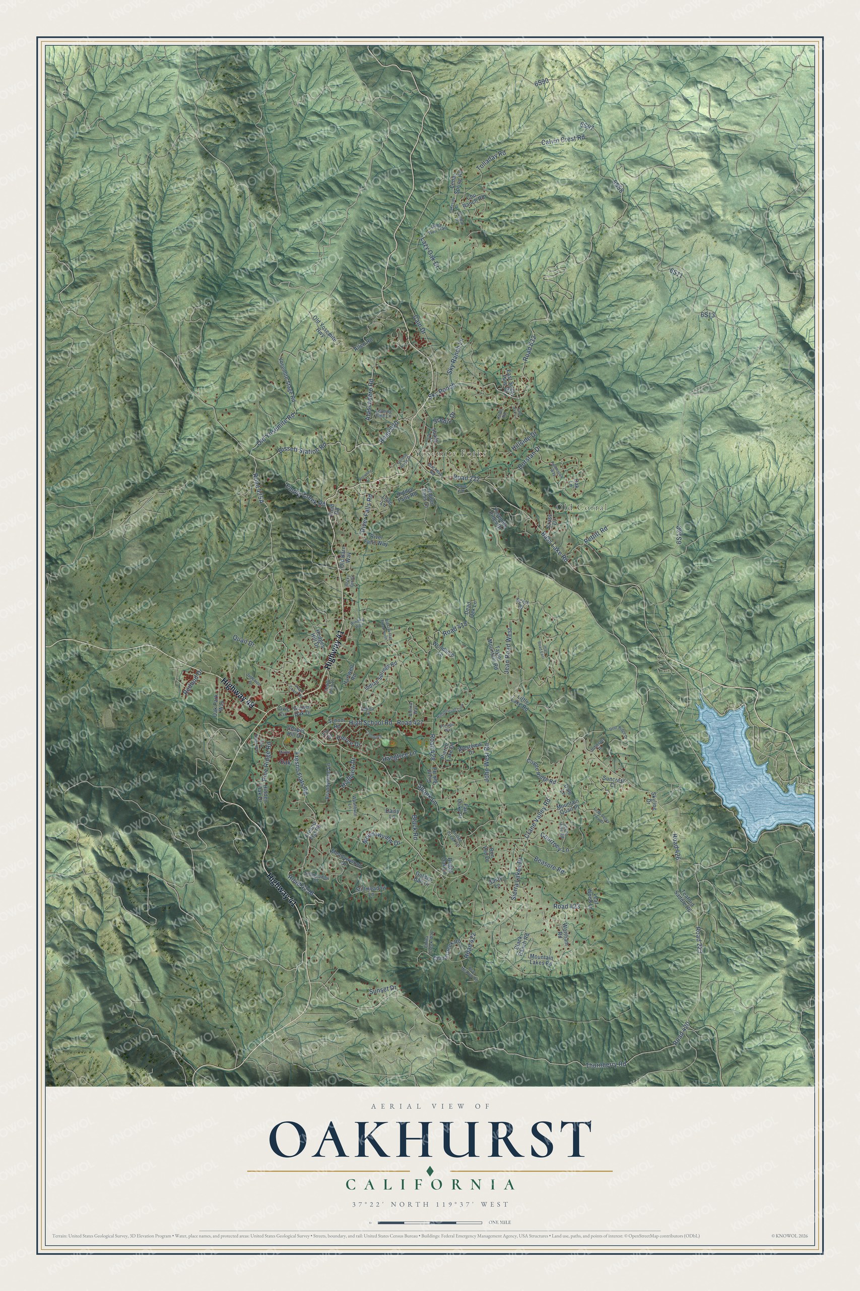 Full map of Oakhurst, California, with red buildings, printed street names and the land around them