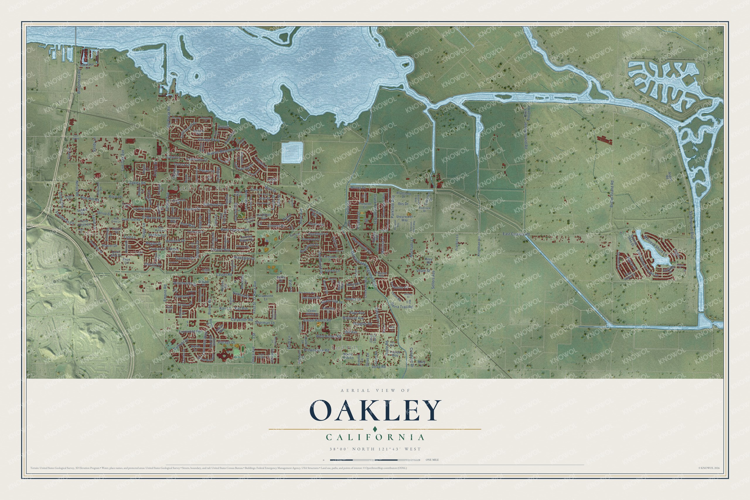 Full map of Oakley, California, with red buildings, printed street names and the land around them