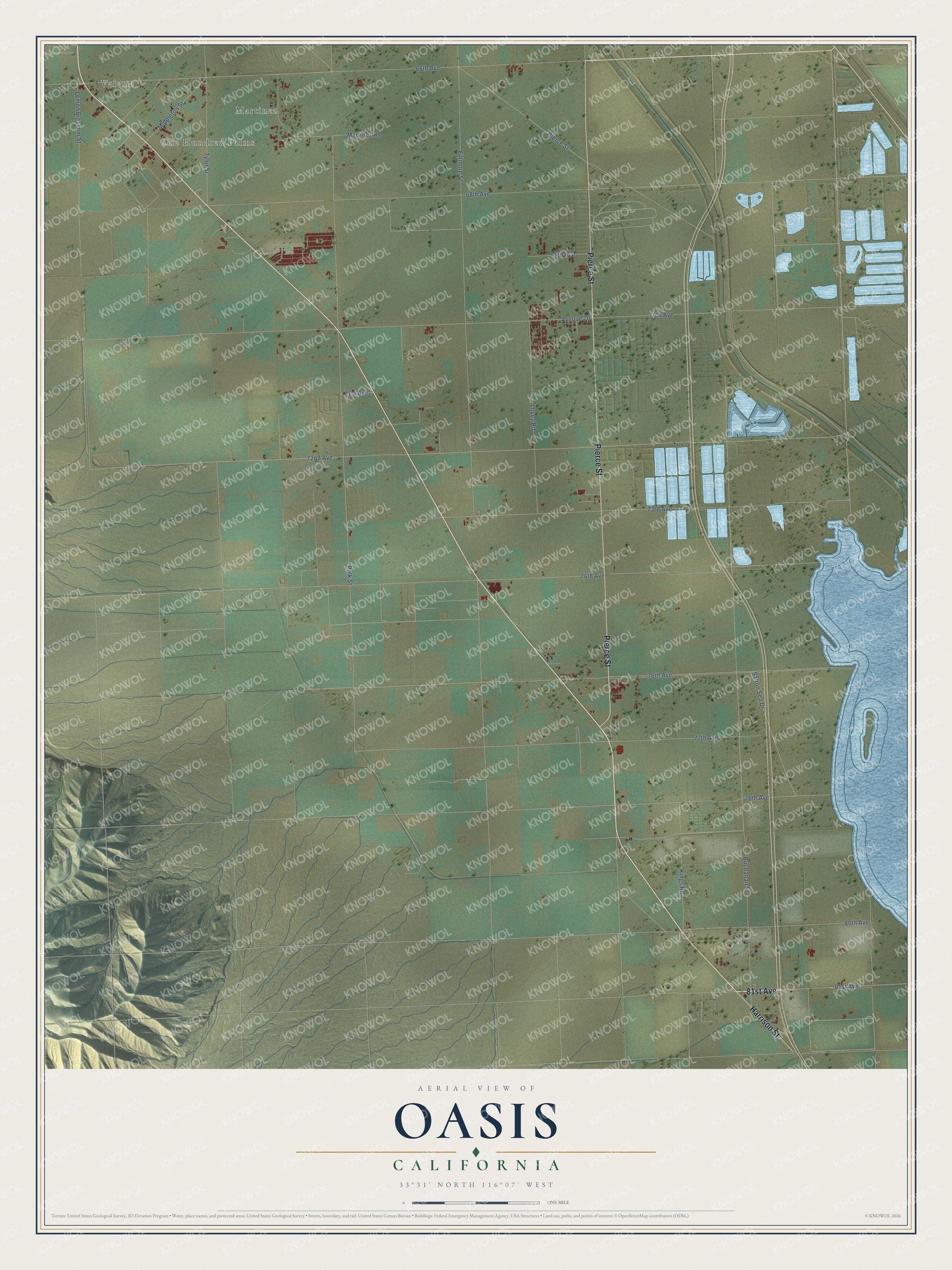 Full map of Oasis, California, with red buildings, printed street names and the land around them