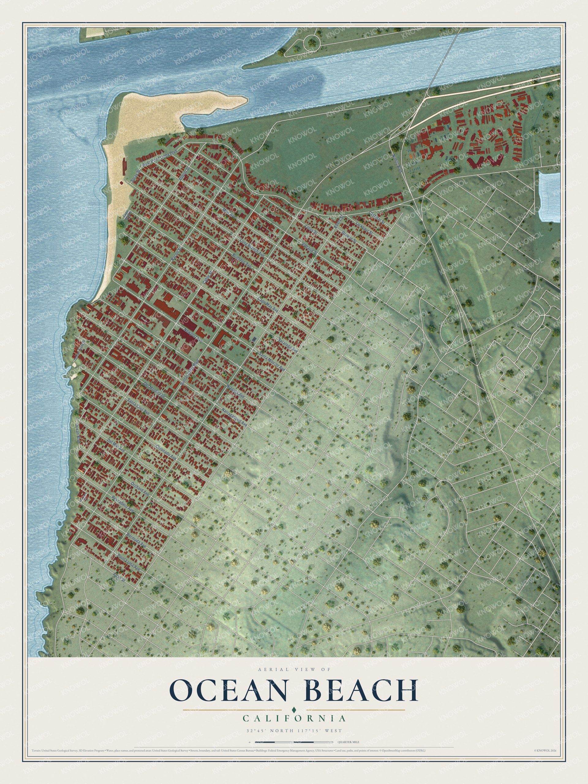 Full map of Ocean Beach, California, with red buildings, printed street names and the land around them