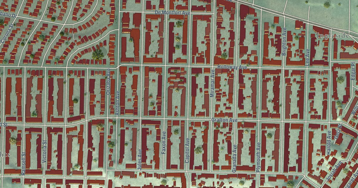 Close-up of streets and buildings in Ocean View, California