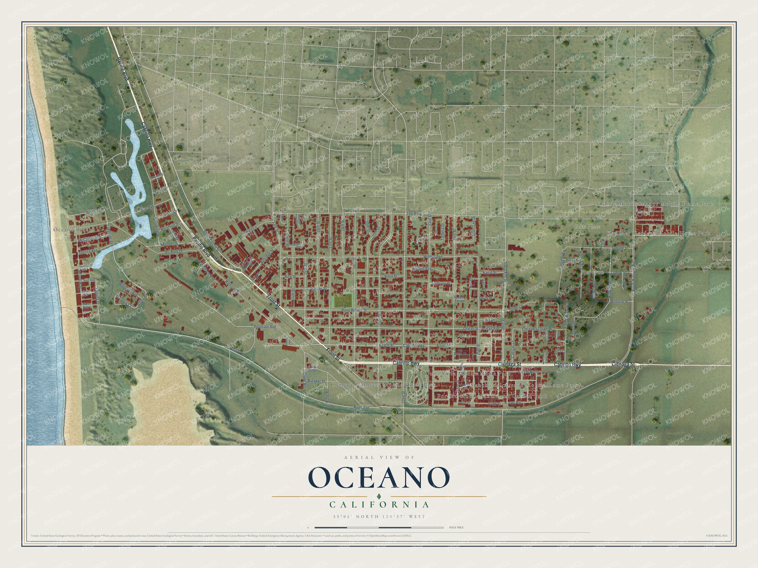 Full map of Oceano, California, with red buildings, printed street names and the land around them