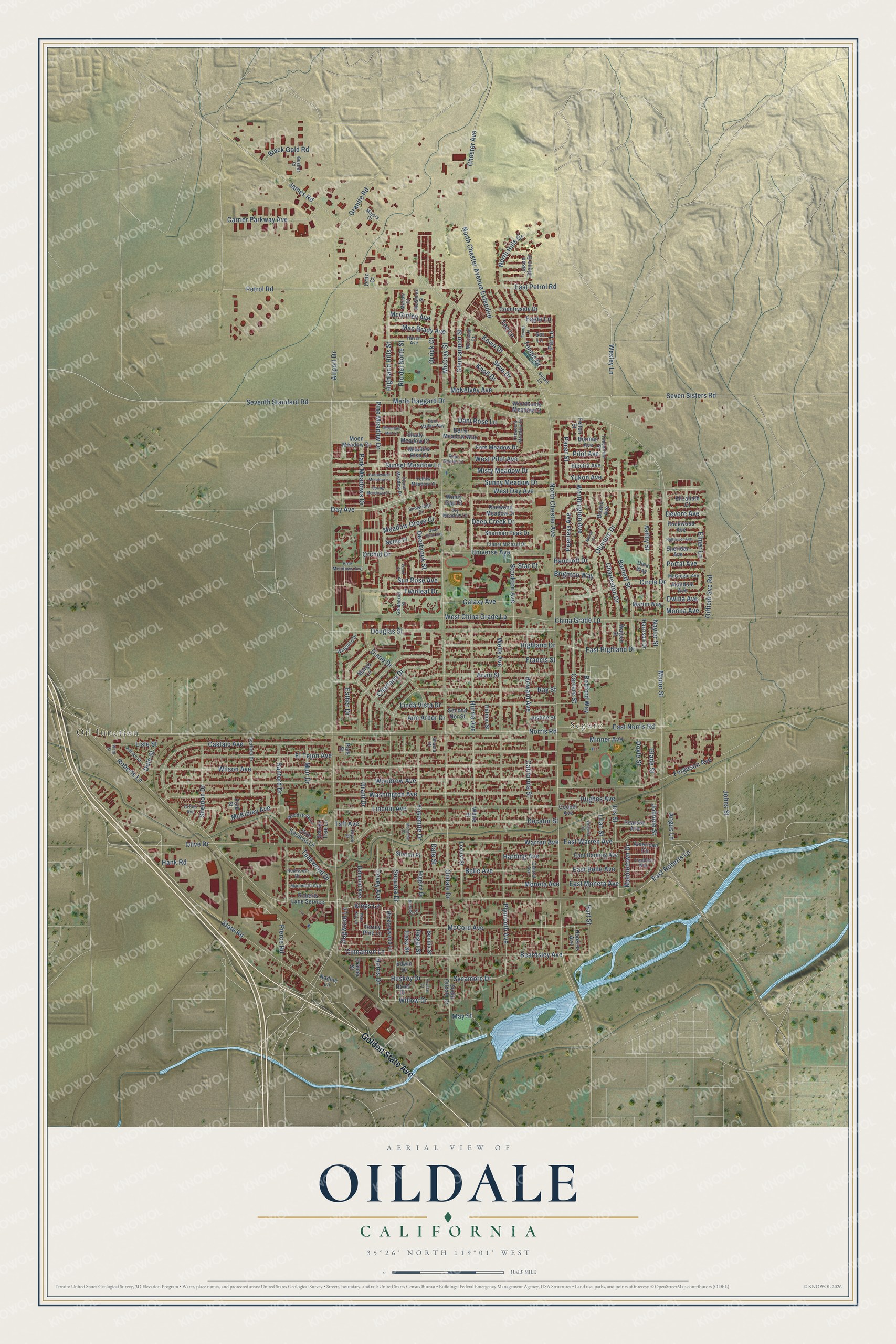Full map of Oildale, California, with red buildings, printed street names and the land around them