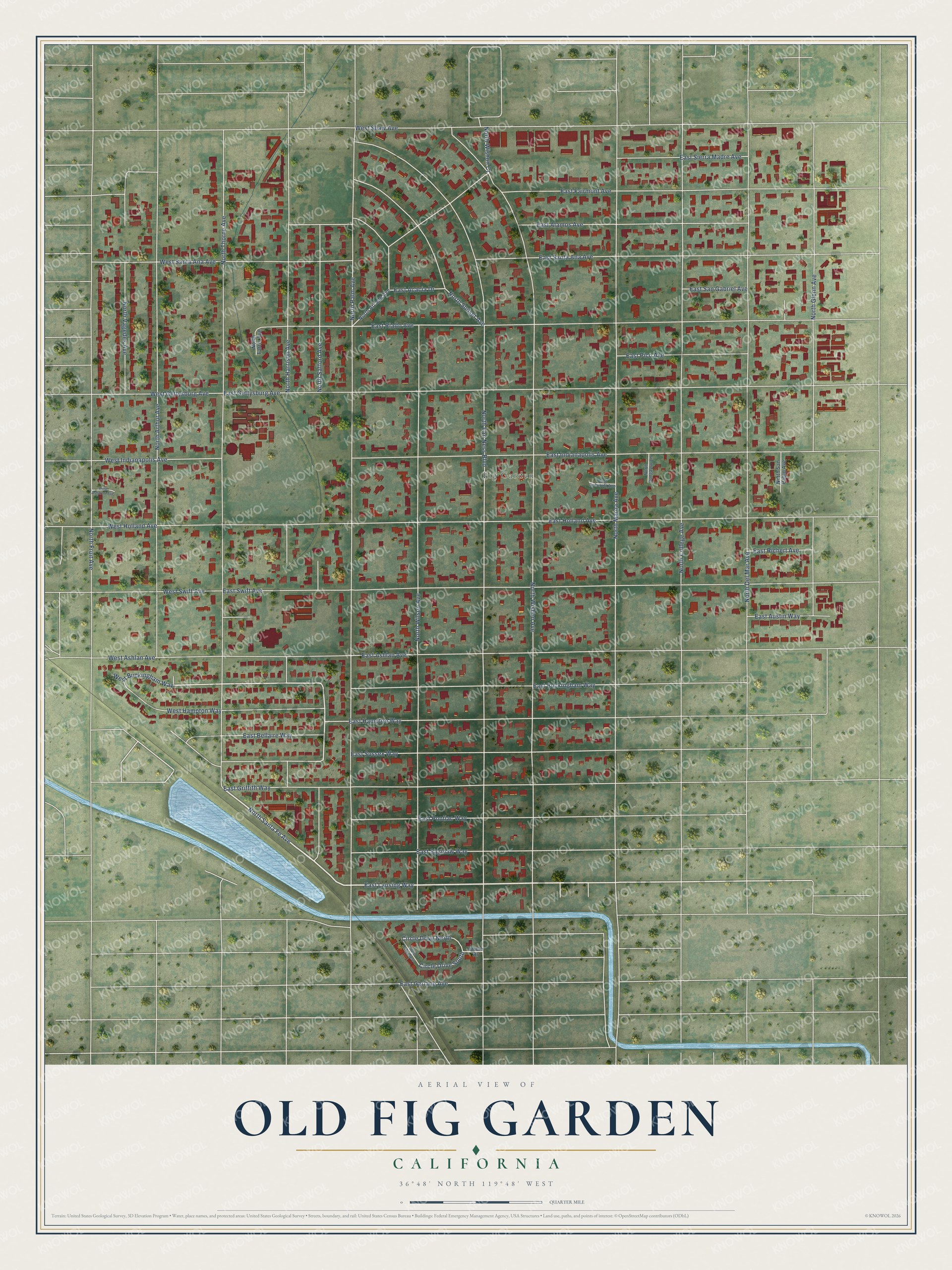 Full map of Old Fig Garden, California, with red buildings, printed street names and the land around them