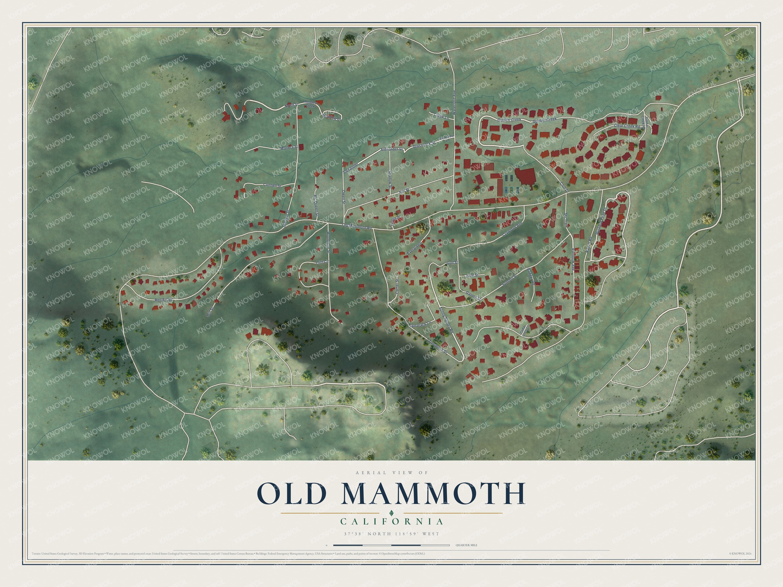 Full map of Old Mammoth, California, with red buildings, printed street names and the land around them