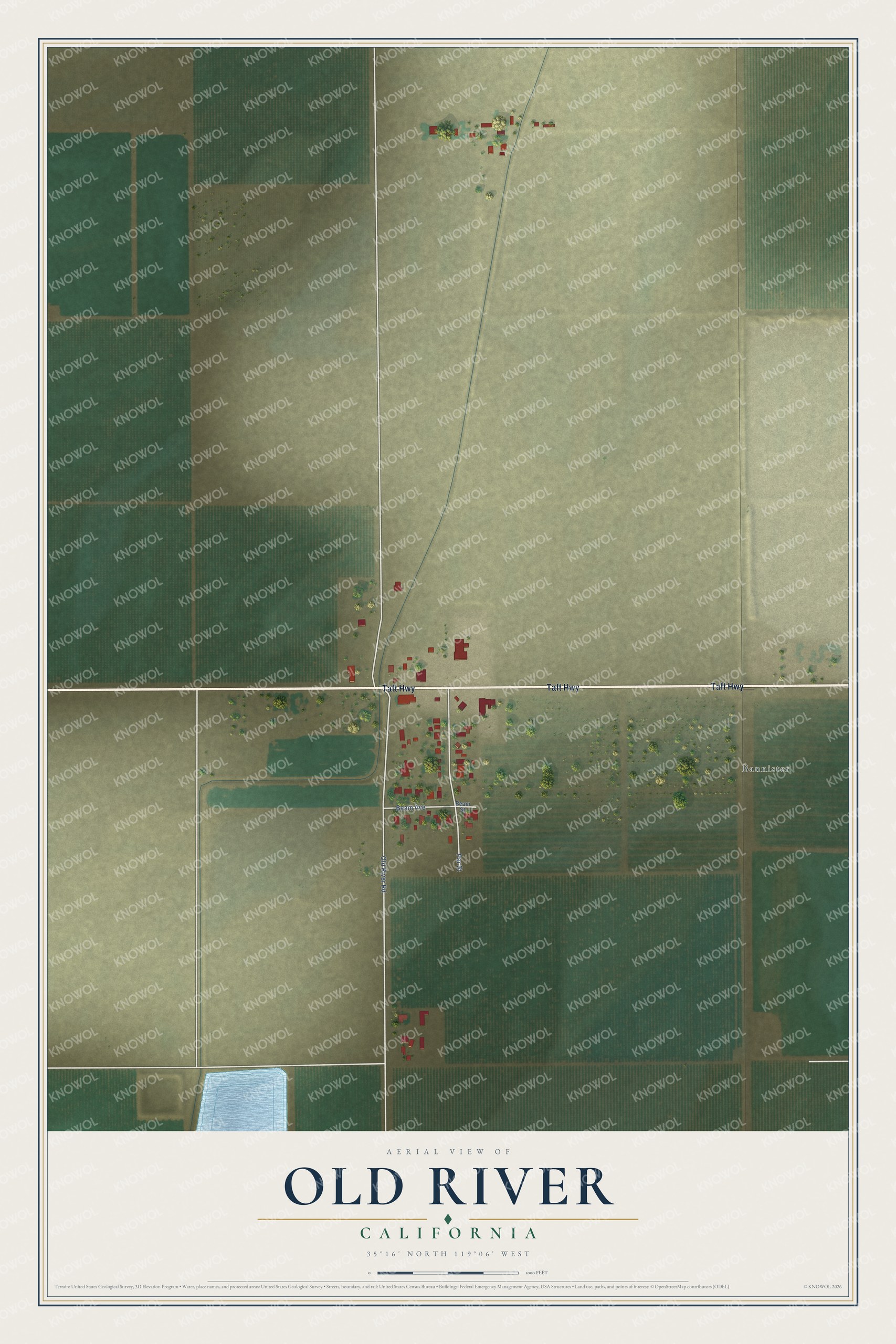 Full map of Old River, California, with red buildings, printed street names and the land around them