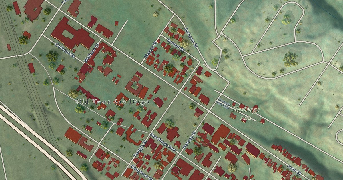 Close-up of streets and buildings in Old Town, California