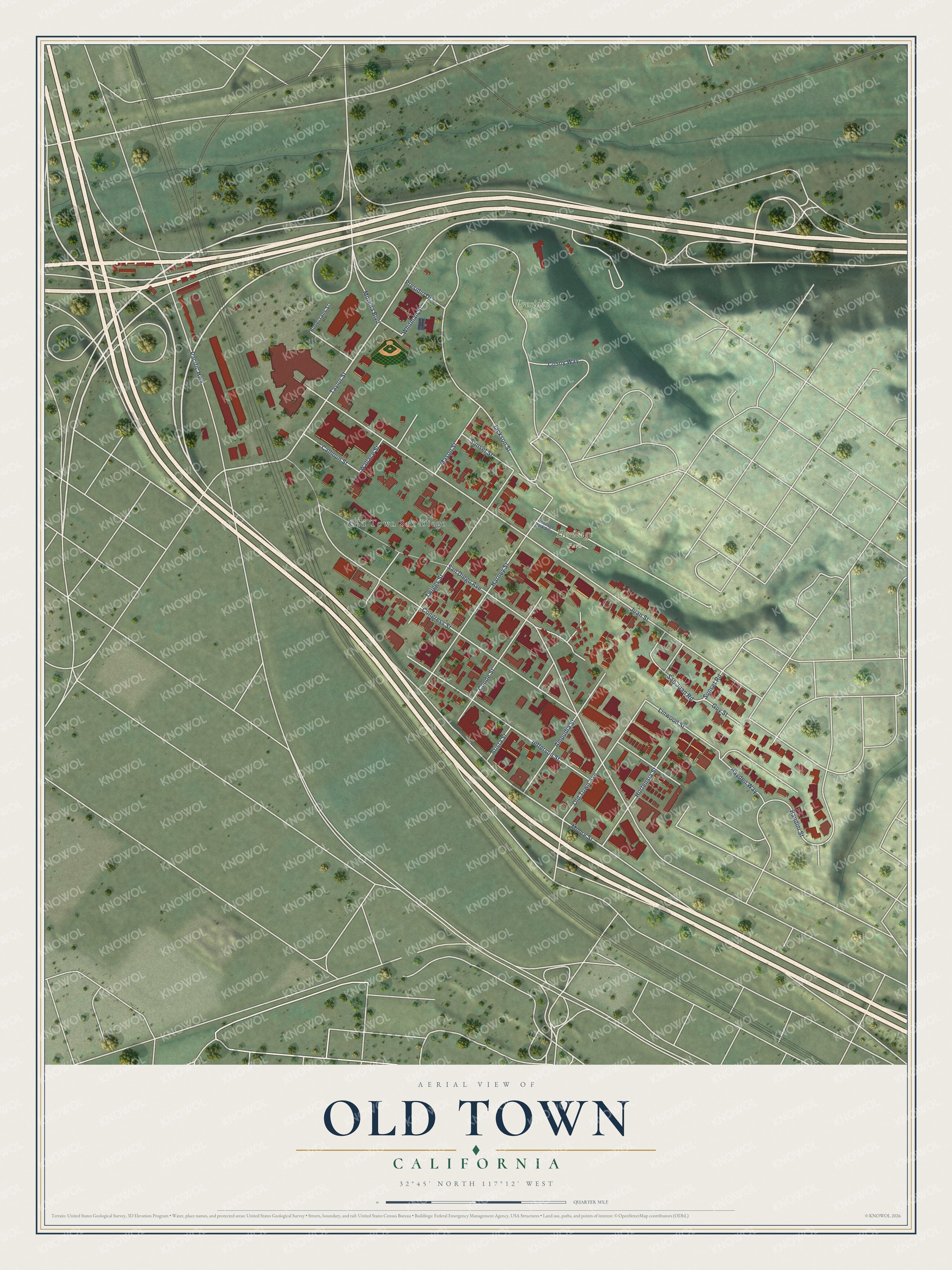 Full map of Old Town, California, with red buildings, printed street names and the land around them