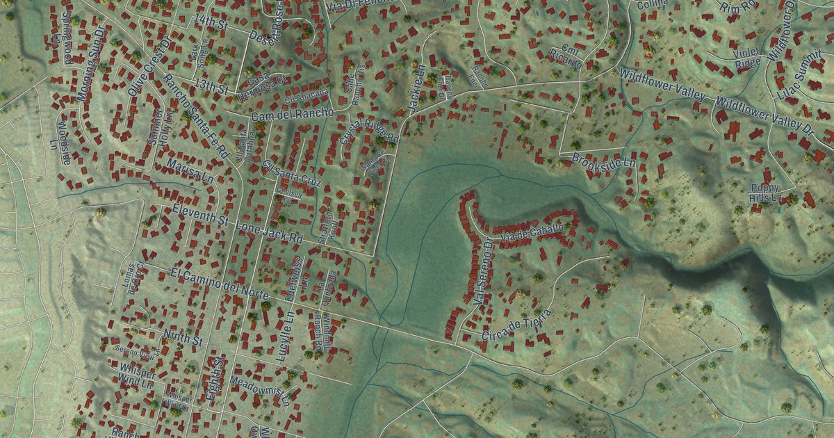 Close-up of streets and buildings in Olivenhain, California