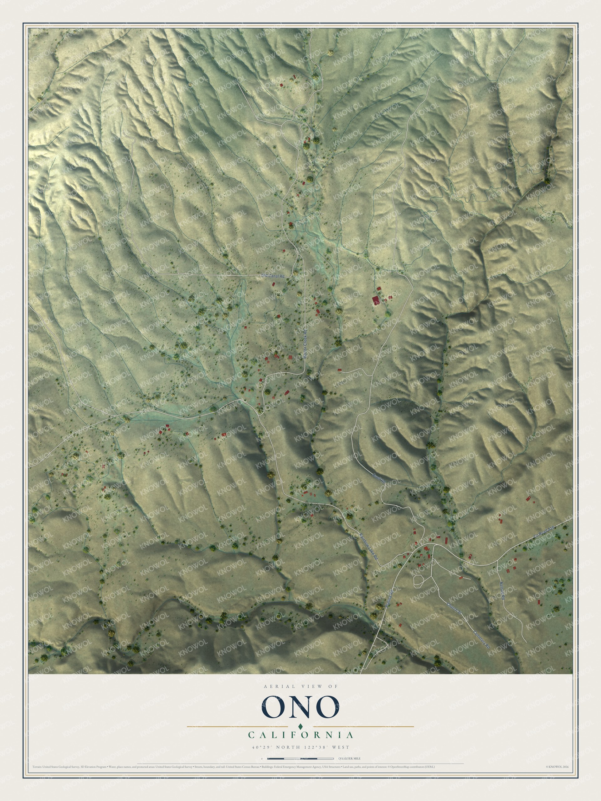 Full map of Ono, California, with red buildings, printed street names and the land around them