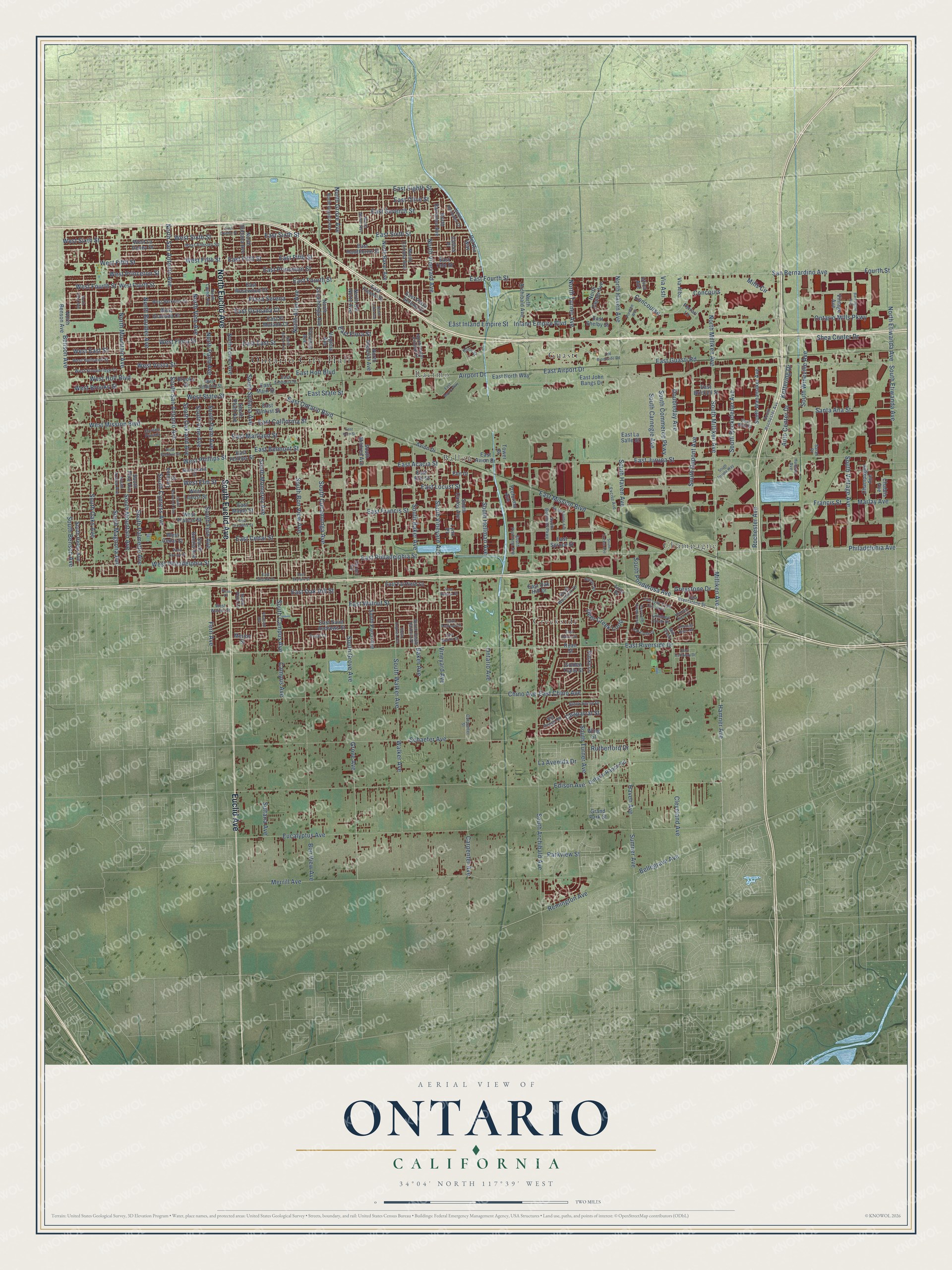 Full map of Ontario, California, with red buildings, printed street names and the land around them