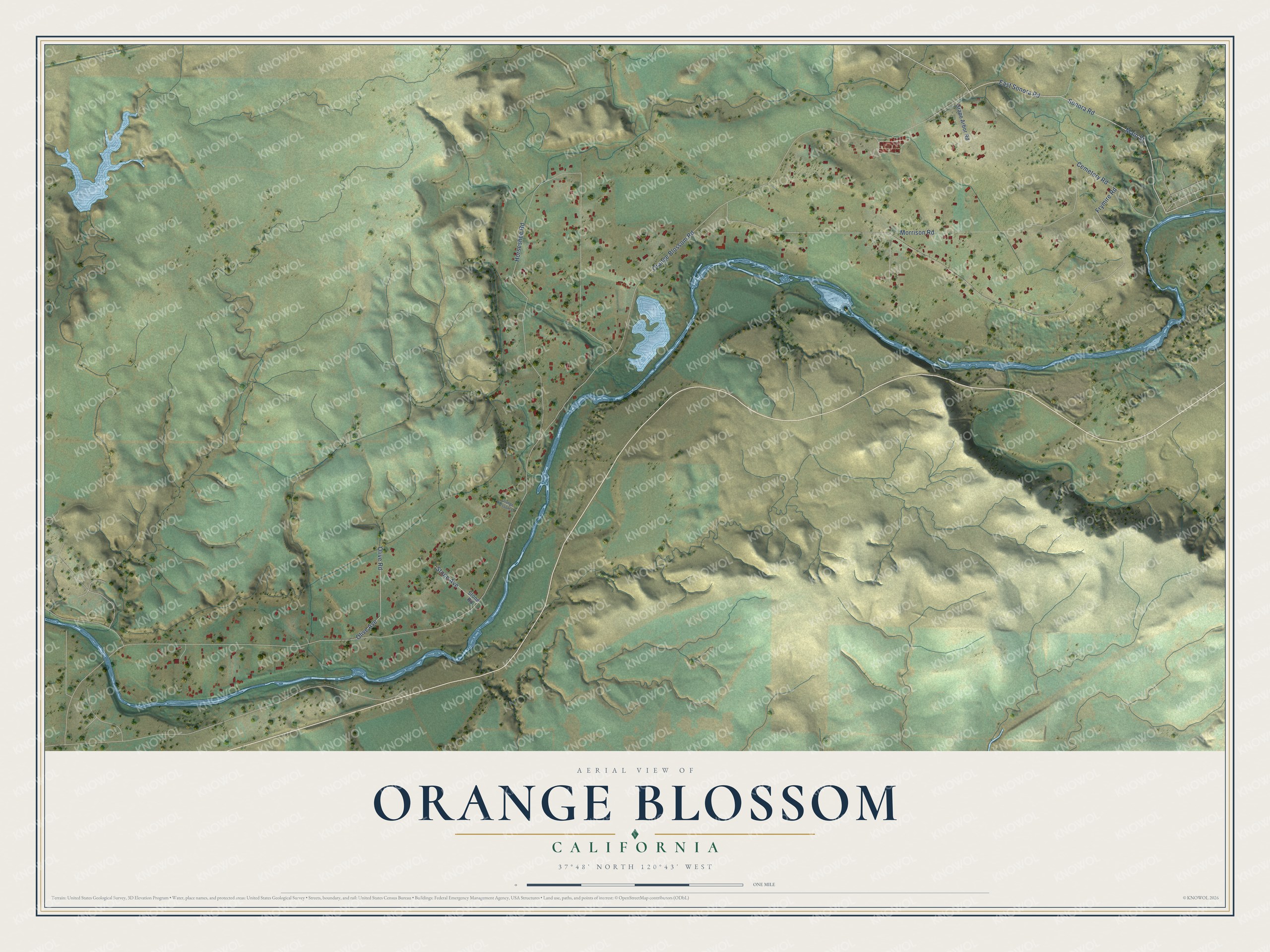 Full map of Orange Blossom, California, with red buildings, printed street names and the land around them