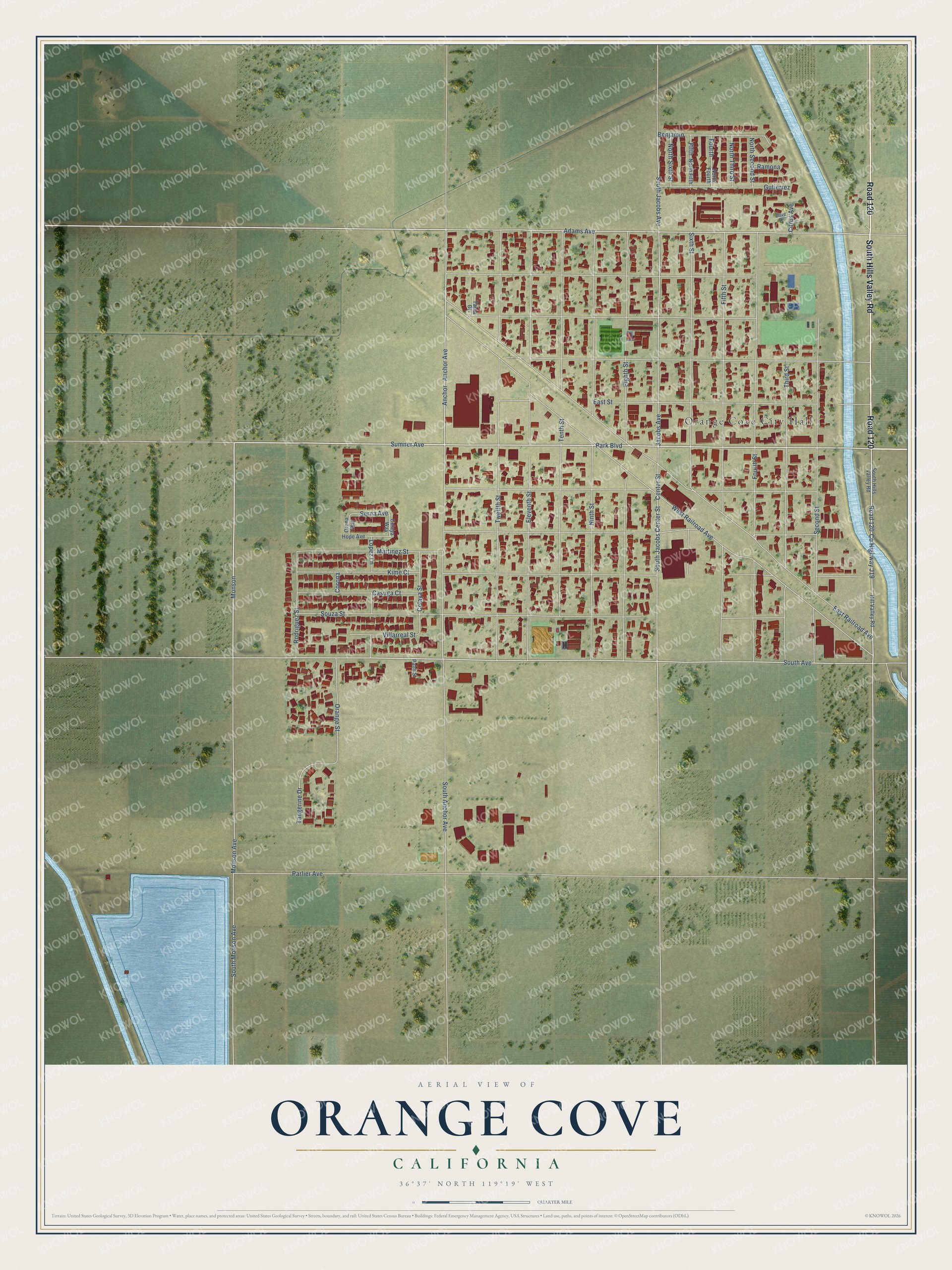 Full map of Orange Cove, California, with red buildings, printed street names and the land around them