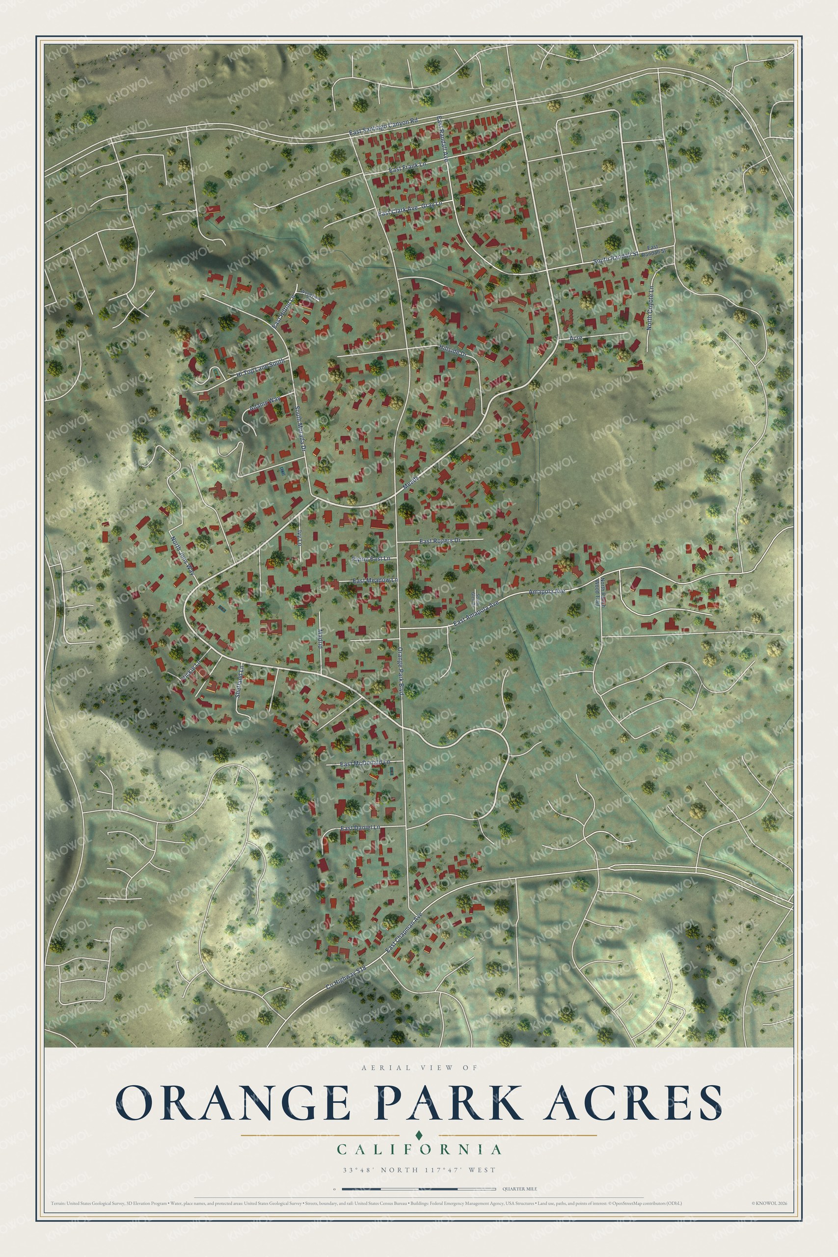 Full map of Orange Park Acres, California, with red buildings, printed street names and the land around them