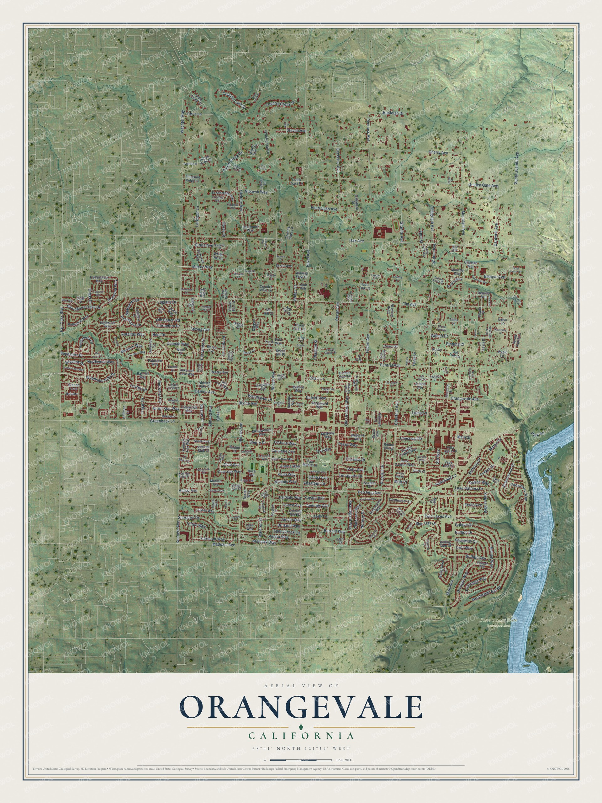 Full map of Orangevale, California, with red buildings, printed street names and the land around them