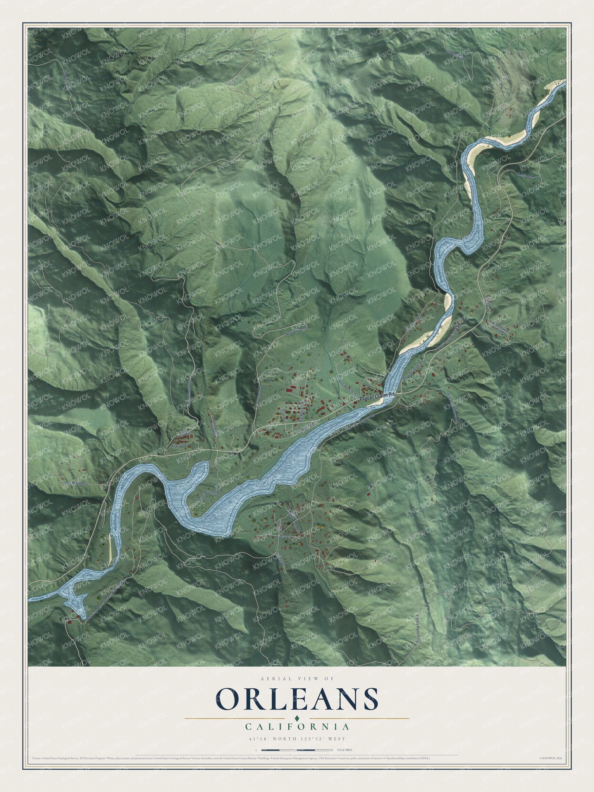Full map of Orleans, California, with red buildings, printed street names and the land around them