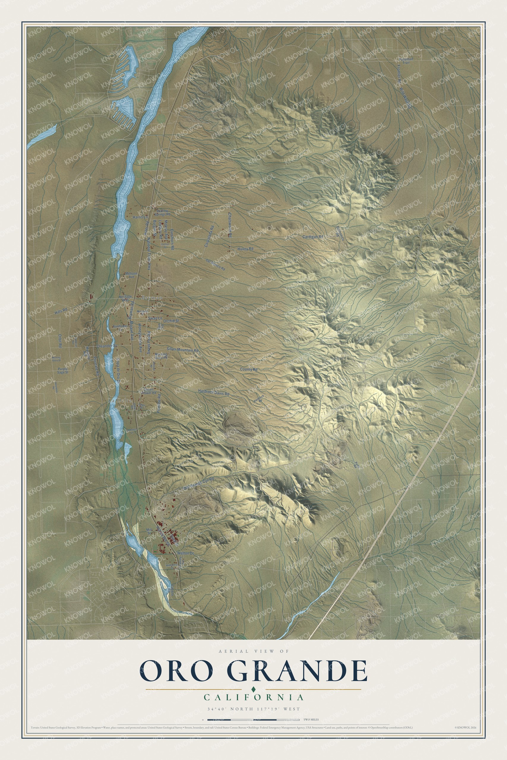 Full map of Oro Grande, California, with red buildings, printed street names and the land around them