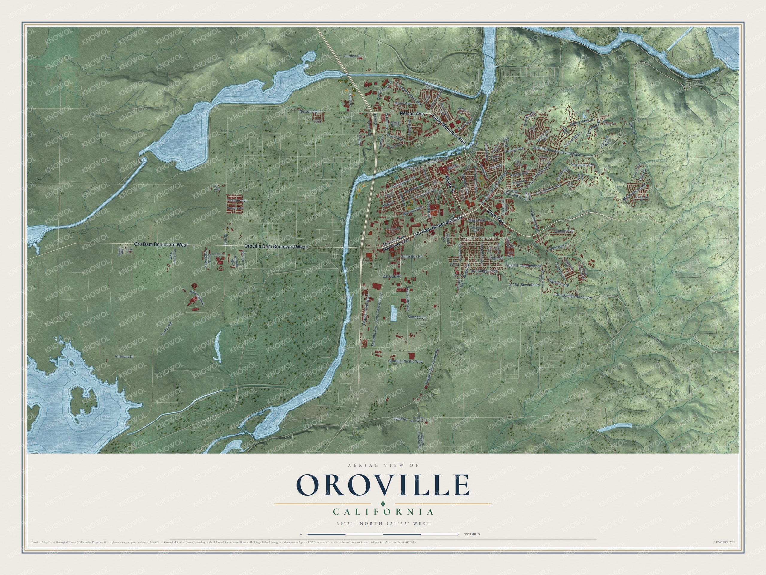 Full map of Oroville, California, with red buildings, printed street names and the land around them