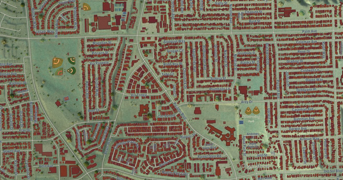 Close-up of streets and buildings in Otay Mesa West, California