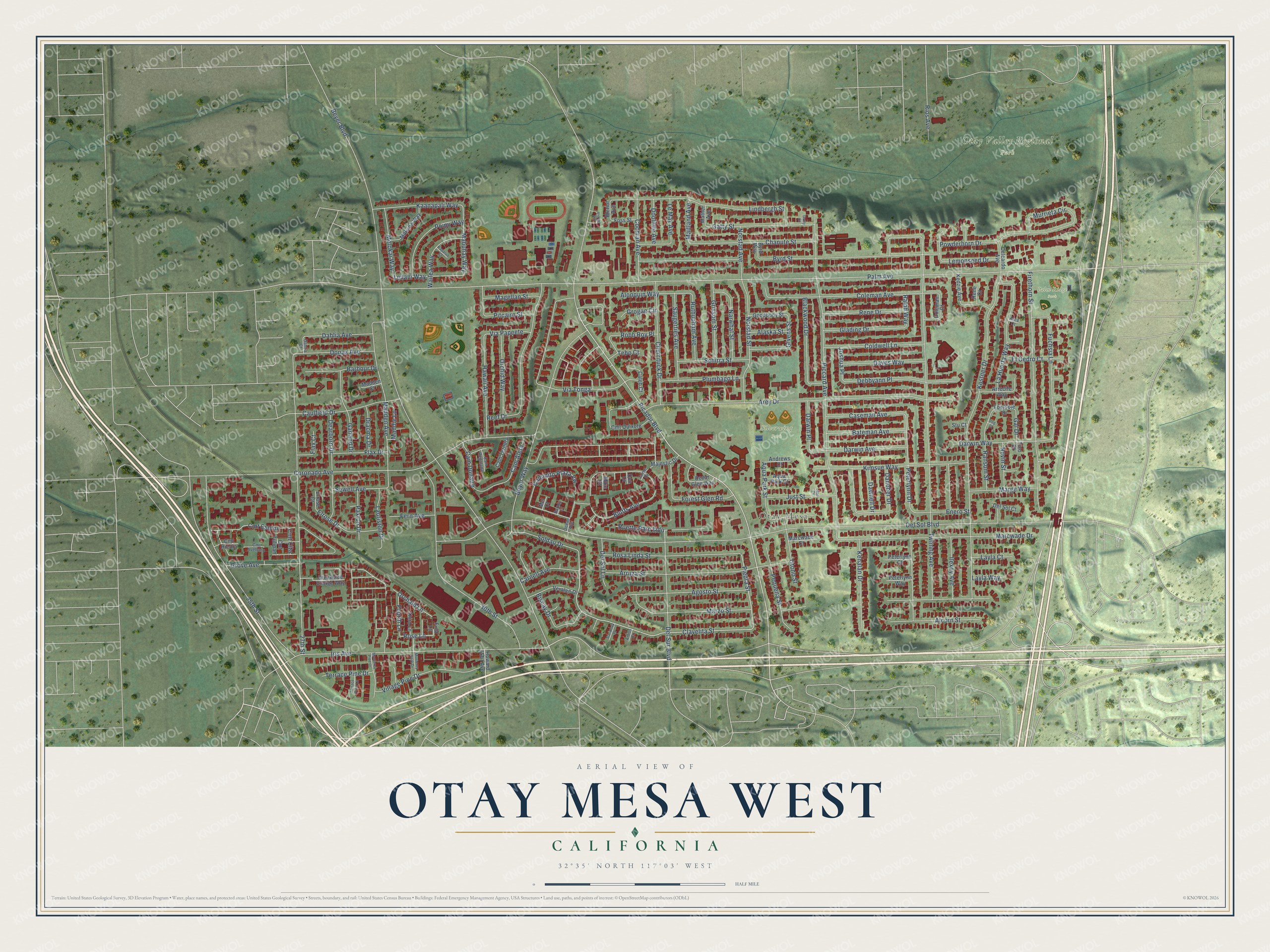 Full map of Otay Mesa West, California, with red buildings, printed street names and the land around them