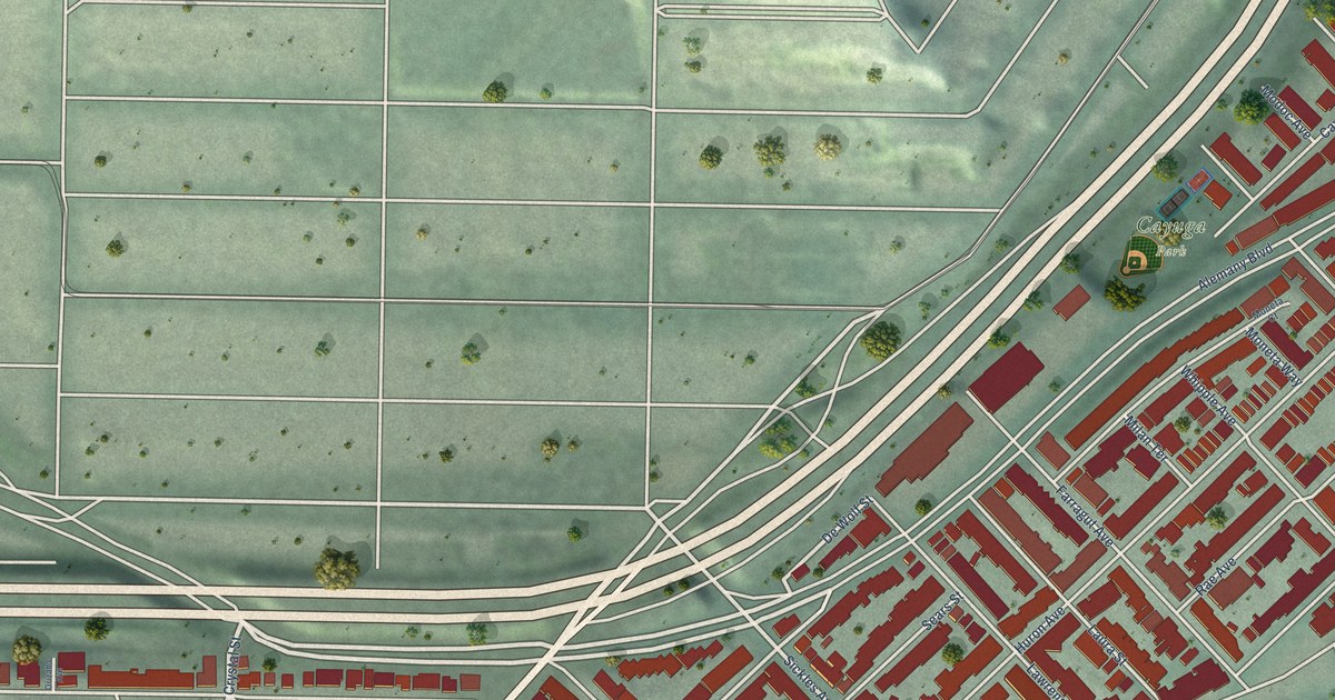 Close-up of streets and buildings in Outer Mission, California