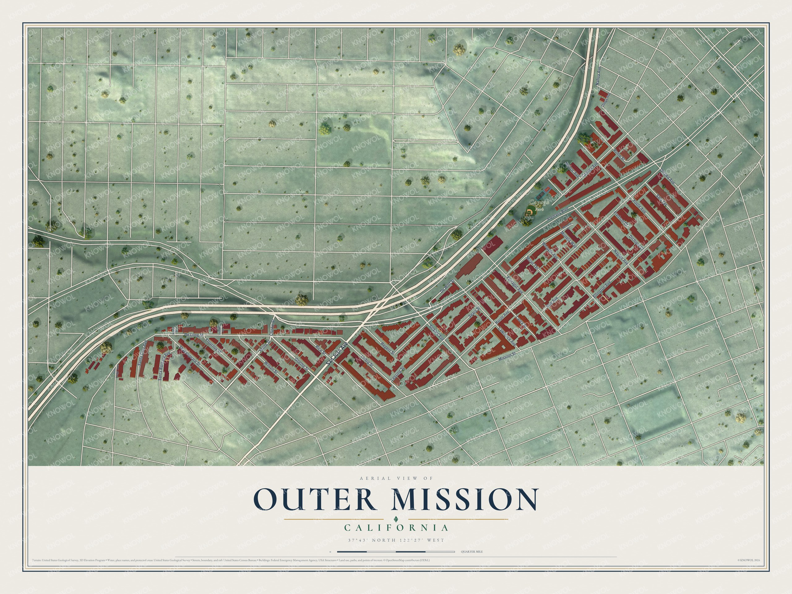 Full map of Outer Mission, California, with red buildings, printed street names and the land around them