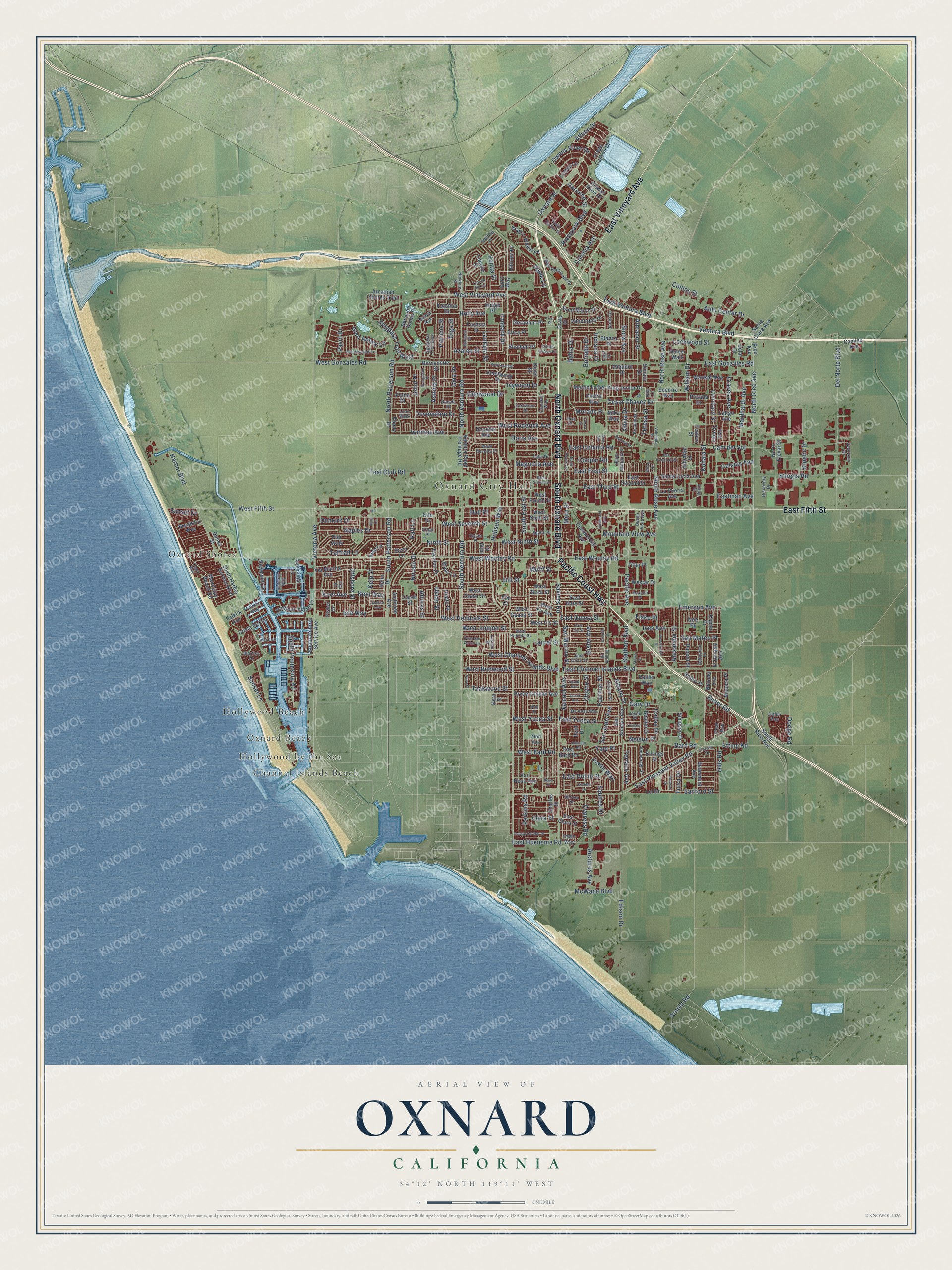 Full map of Oxnard, California, with red buildings, printed street names and the land around them