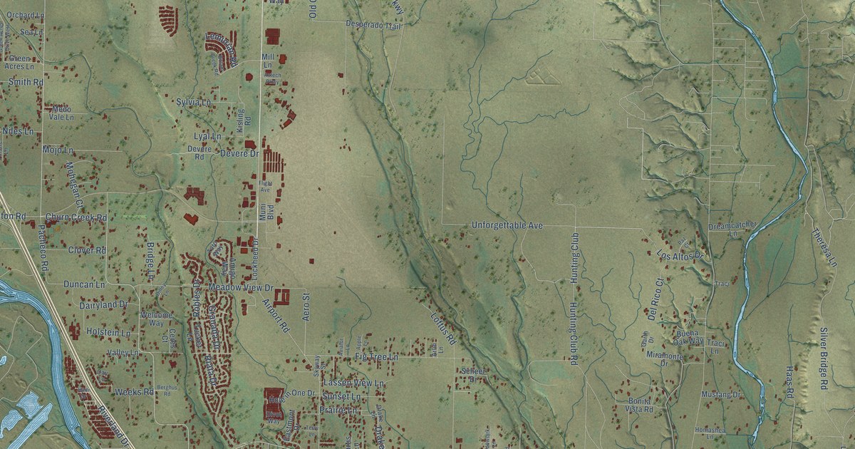 Close-up of streets and buildings in Pacheco, Shasta County, California